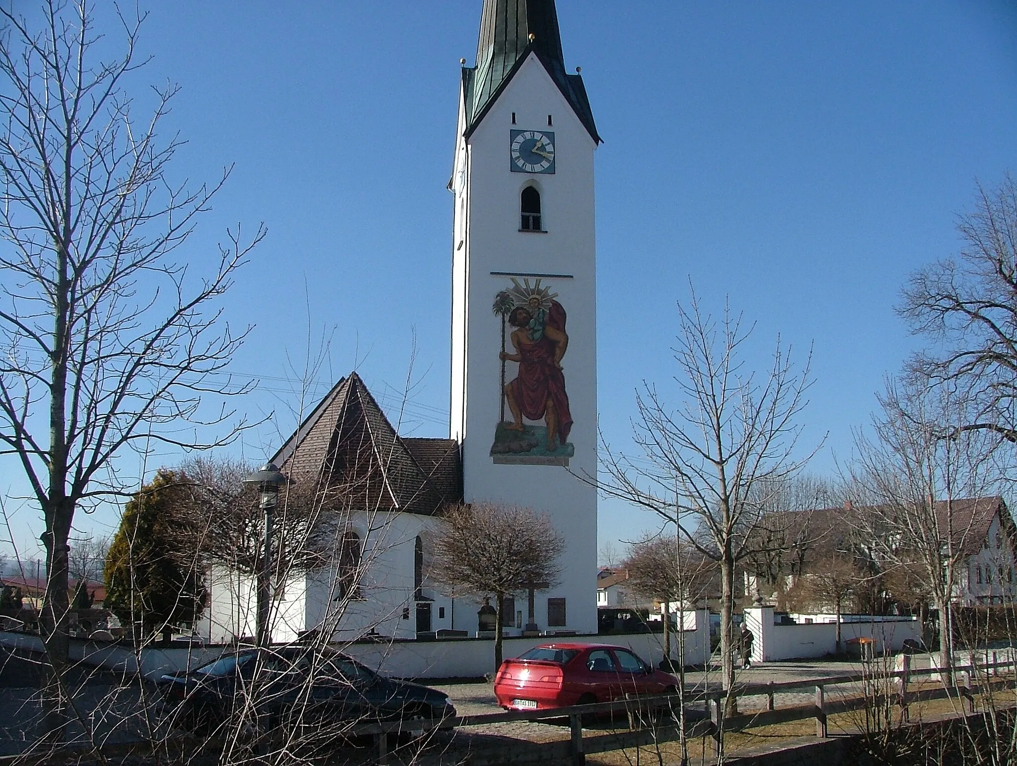 Photo showing: Kirchturm mit dem großen Christopherus