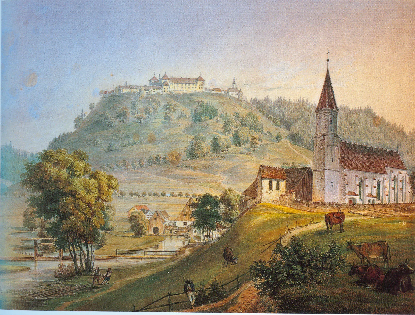 Photo showing: Caspar Obach: Residenzschloss Zeil von Süden, im Vordergrund Filialkirche St. Magnus und Mühle von Unterzeil. Aquarell