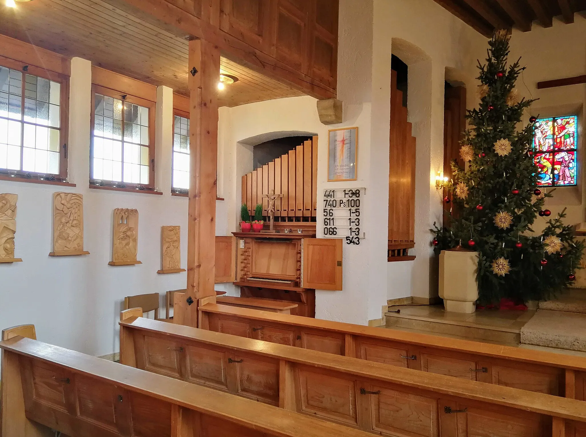 Photo showing: Link-/Bornefeld-Orgel (I/P/9, 1958) der Evangelischen Kirche Bergenweiler, Gemeinde Sontheim an der Brenz, Landkreis Heidenheim, Baden-Württemberg, Deutschland