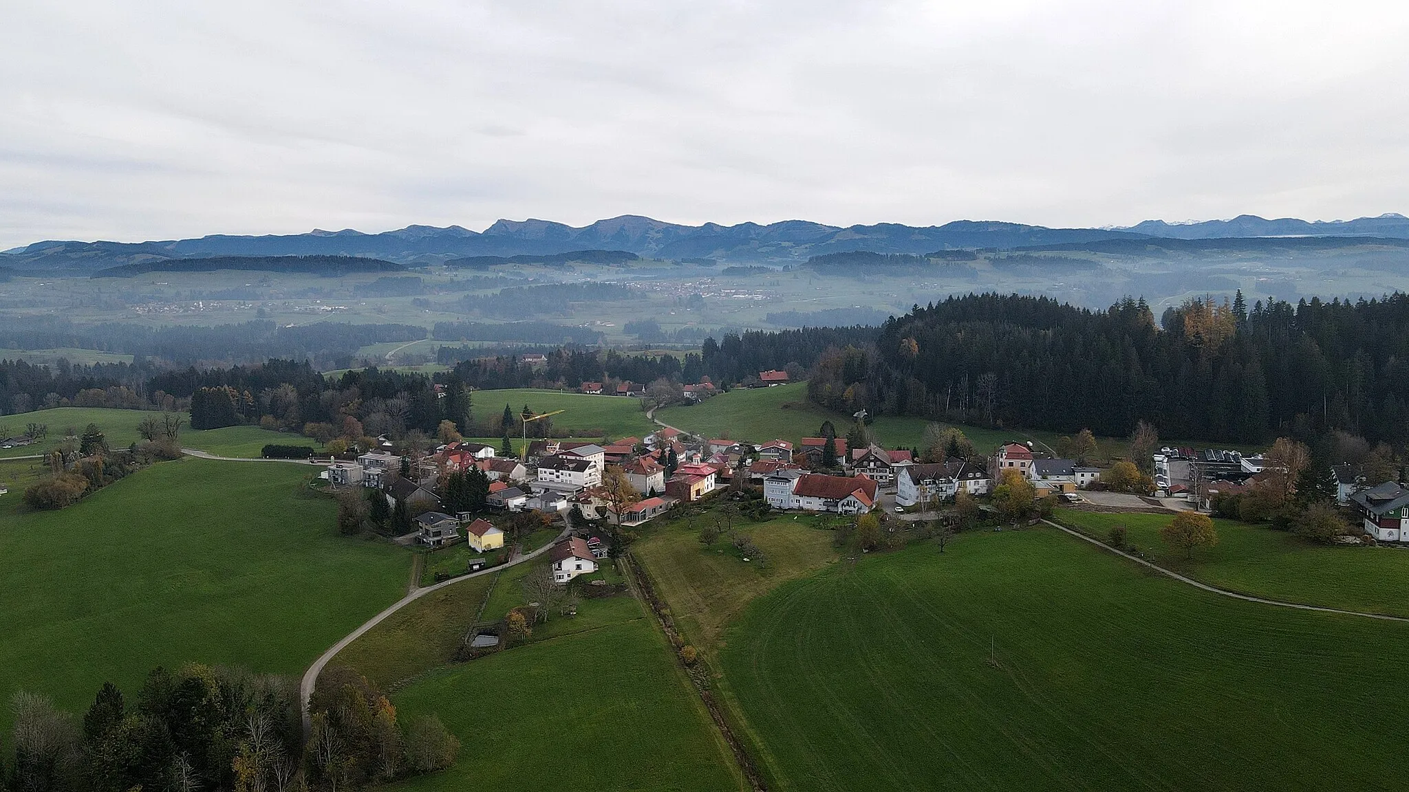 Photo showing: Goßholz mit Blick nach Südost. Im Hintergrund Nagelflukette mit Hochgrat