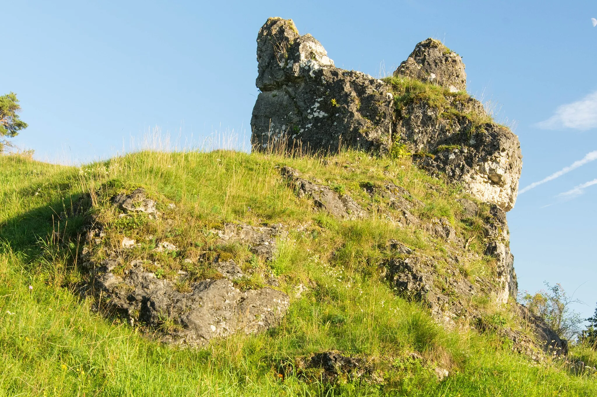 Photo showing: Teilansicht gegen einen der  'Griesblöcke' von NW bei niedergehender Sonne; es handelt sich nicht um echte Griesblöcke, vielmehr um brekzierten Riffdolomit. Hier das sogenannte Kätzle. Geotop 779R004; Naturdenkmal ND-06620