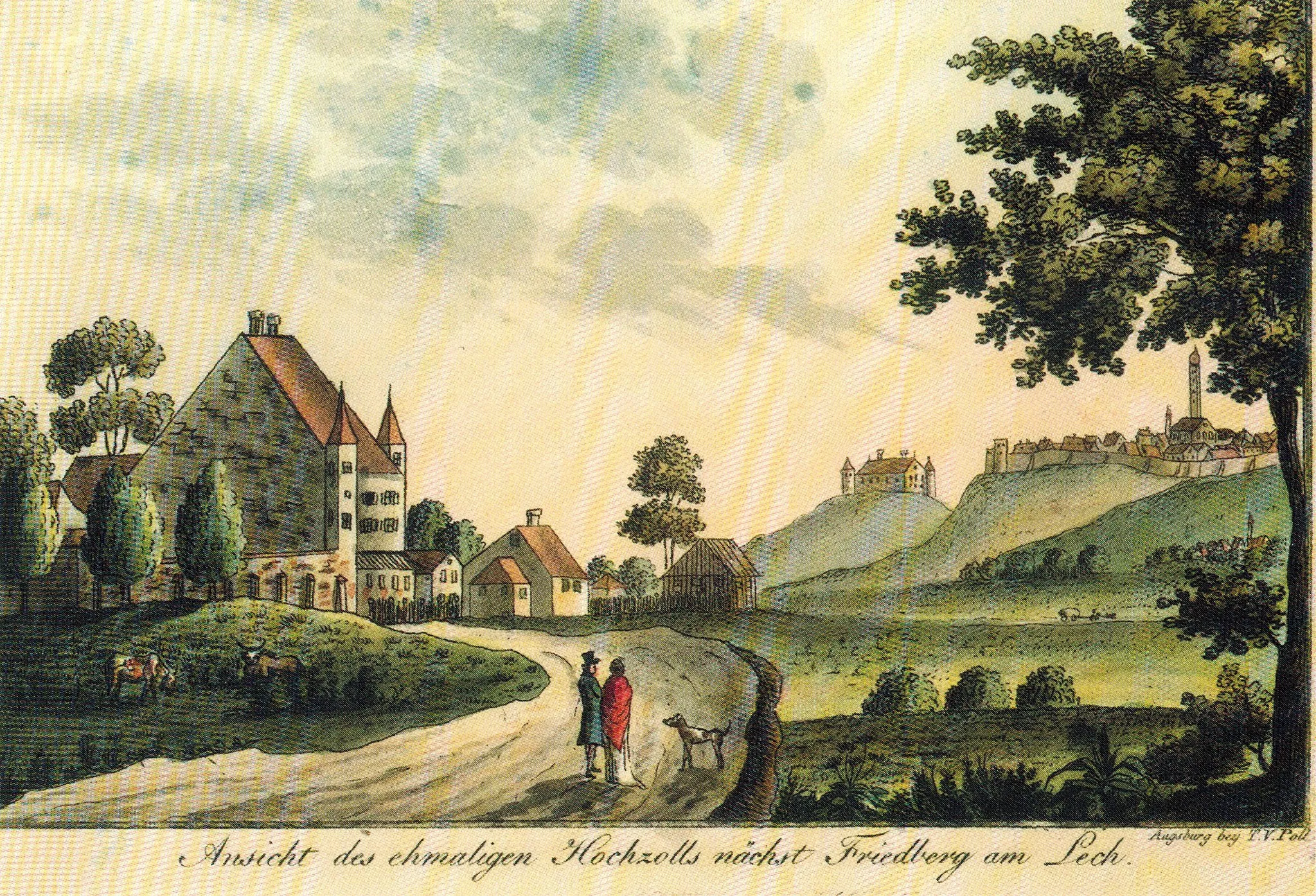 Photo showing: Ansicht des ehmaligen Hochzolls nebst Friedberg am Lech.jpg. Kolorierter Stich, Kunstsammlungen und Museen Augsburg. Dieses Hochzollschloss wurde 1835 abgerissen.