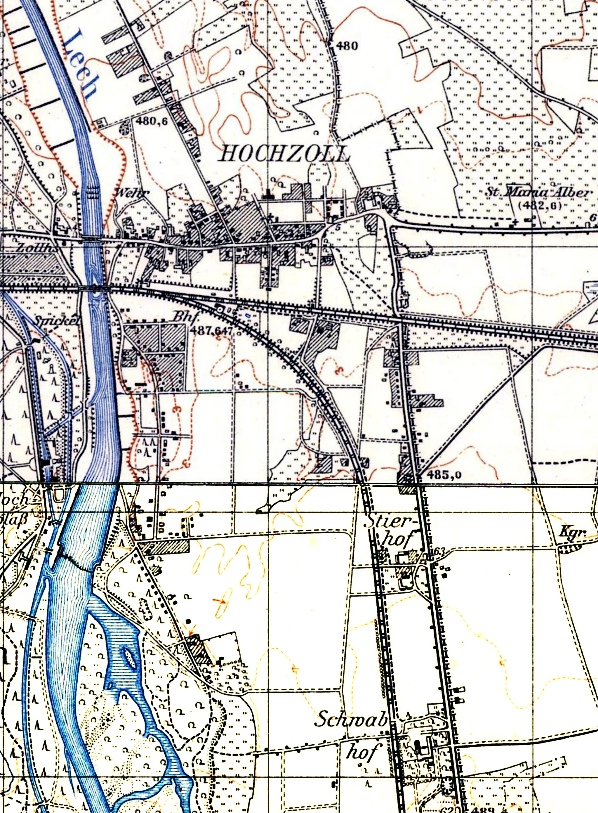 Photo showing: Der Stadtbezirk Augsburg-Hochzoll auf den TK25-Messtischblättern Augsburg und Mering aus dem Jahr 1939.