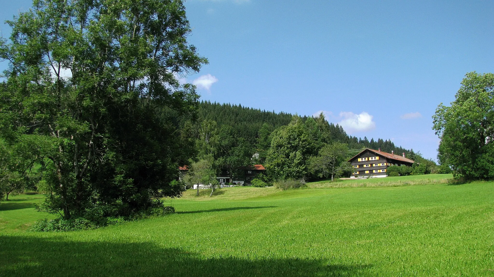 Photo showing: Die Ortschaft Hohenegg in der Gemeinde Grünenbach im Westallgäu; im Hintergrund der Berg Riedholzer Kugel.