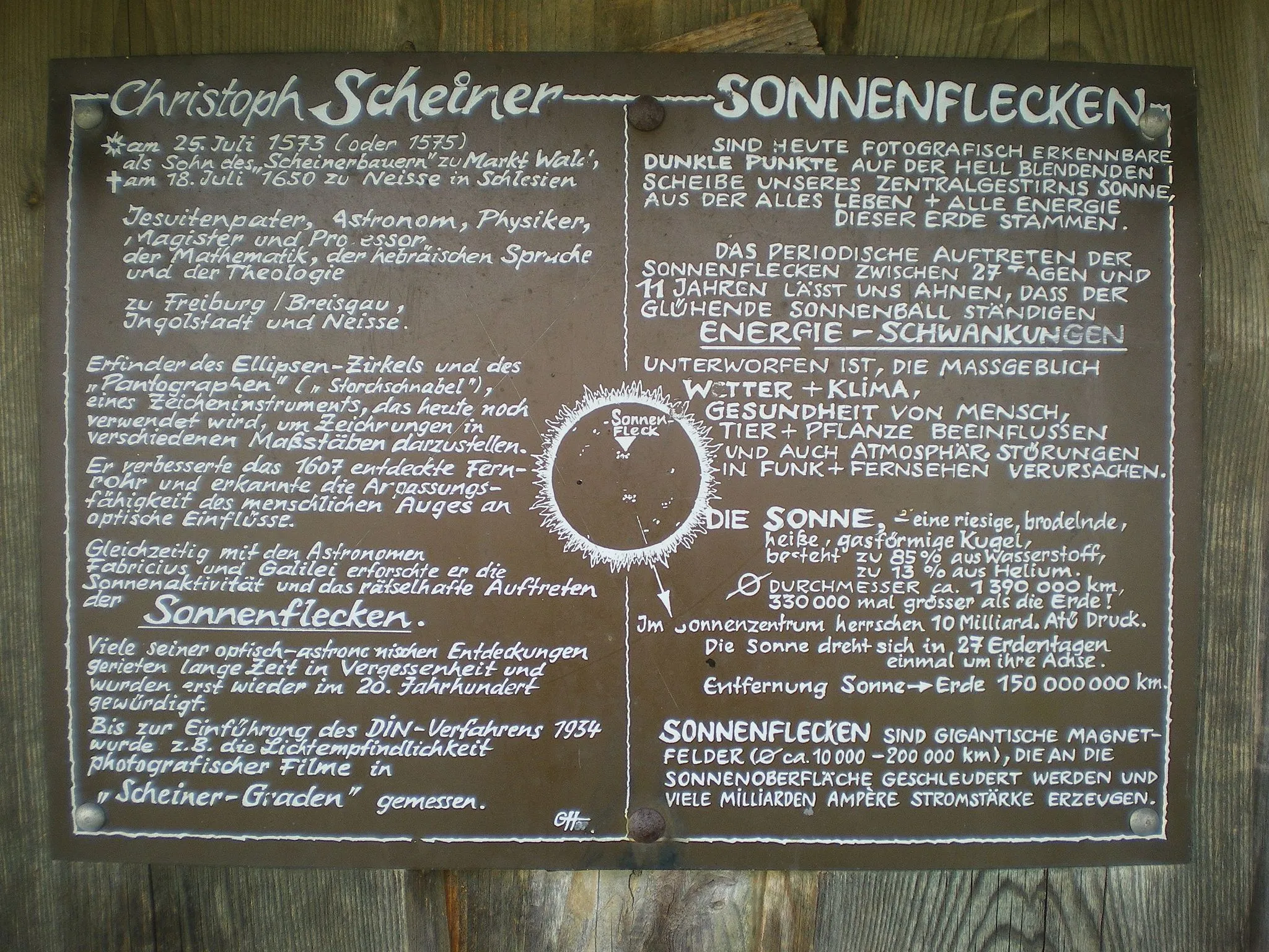 Photo showing: Hier sieht man eine Tafel mit Inforamtionen von Christoph Scheiner; diese befindet sich an dem Christoph-Scheiner-Turm.
