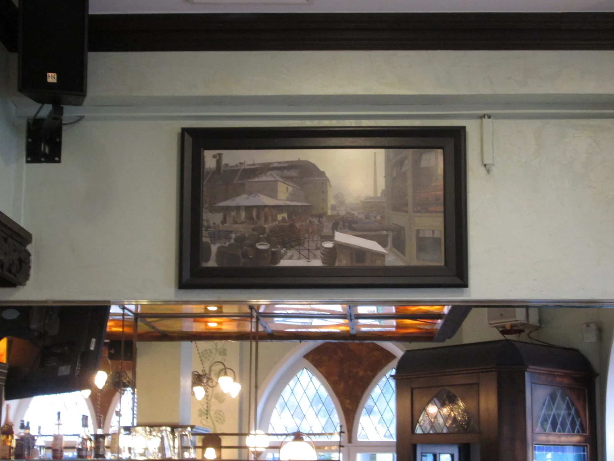 Photo showing: Kopie eines historischen Gemäldes der Karlsberg-Brauerei im Gaststättenraum mit Karlsberg-Werbung im Homburger Hof in Homburg