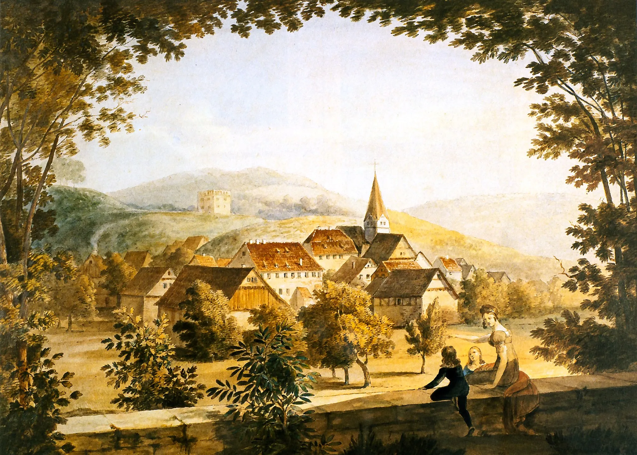 Photo showing: Dorf Stetten um 1820 vom Schloss Stetten aus gesehen. Gemälde aus dem Besitz der Fürstin von Urach, Schloß Lichtenstein.