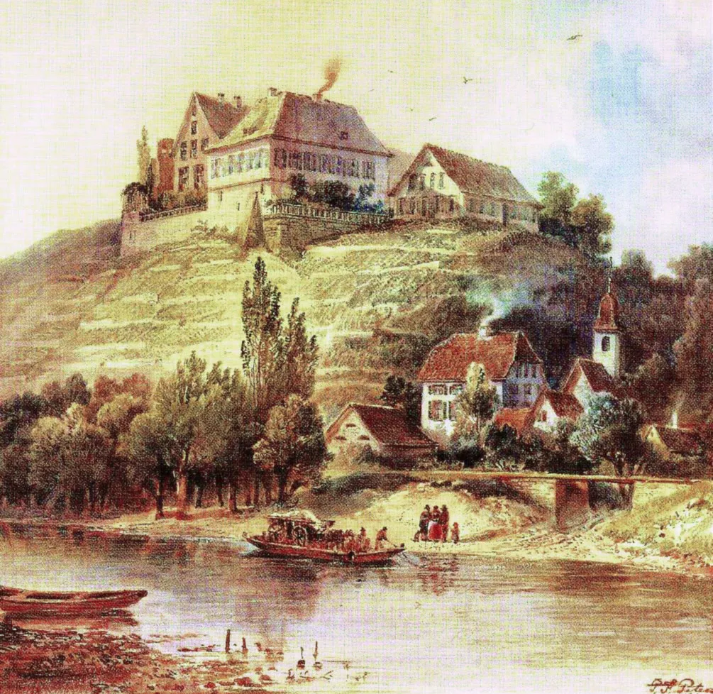 Photo showing: Ölgemälde von F. Peters 1851 Burg und Burgweiler Klingenberg