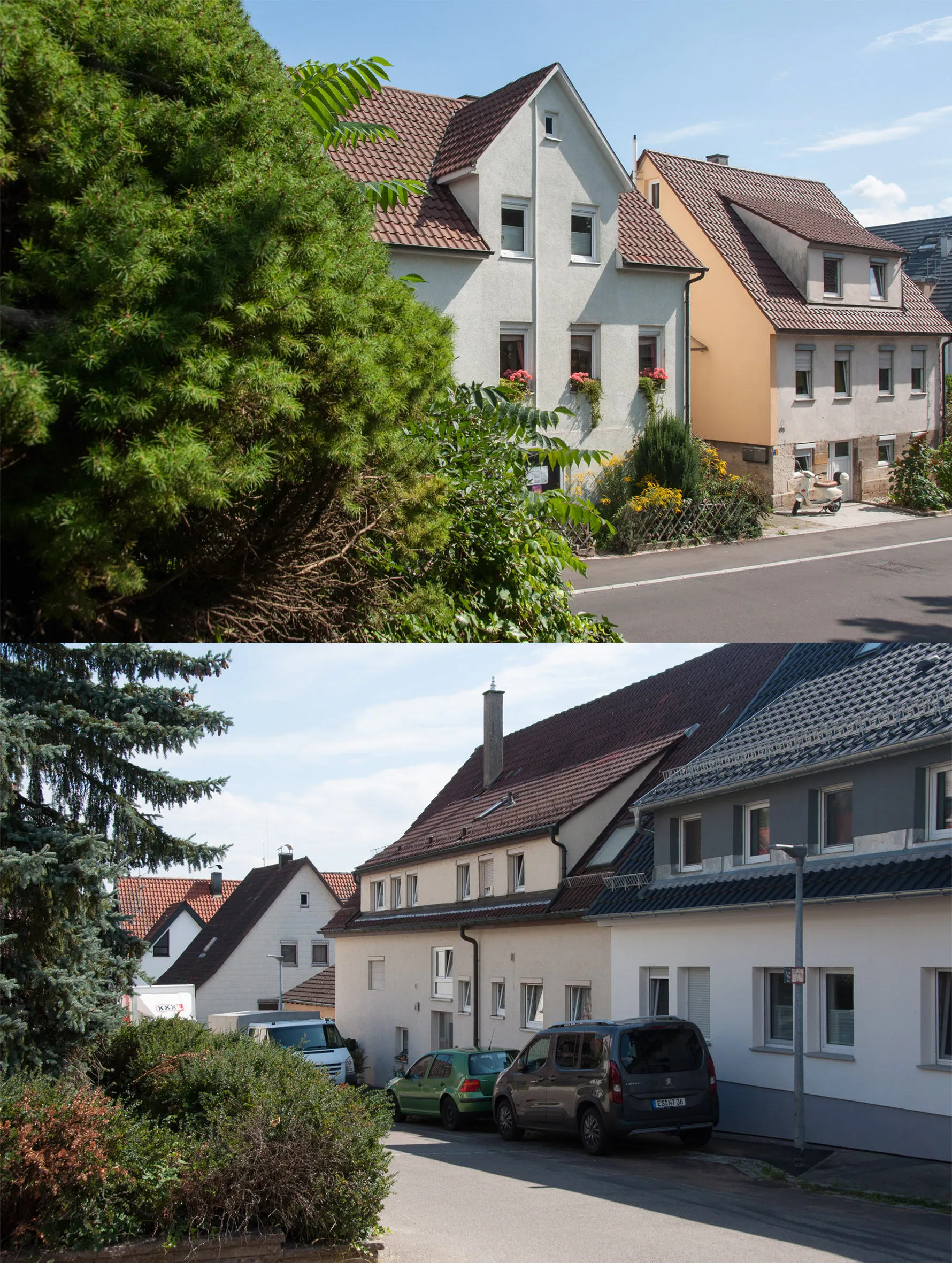 Photo showing: Upper picture: Sulzgrieser Straße, on the small top window of the Zwerchhaus you can see the rural tradition and the early modern construction.
lower picture: Paradiesweg, rural single-storey construction with dormers.