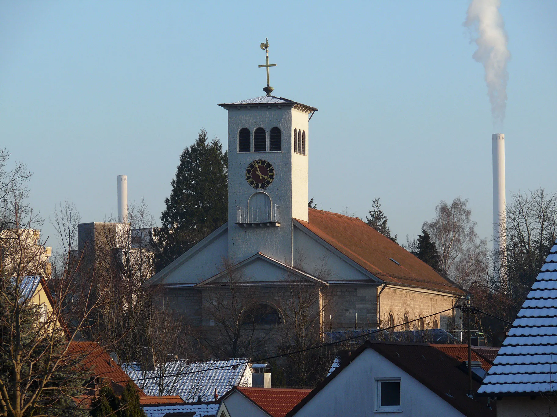 Photo showing: The Martinskirche (Saint Martin church) in Oberesslingen (a district of Esslingen am Neckar, Germany), seen from the Diakonissengarten in the winter.