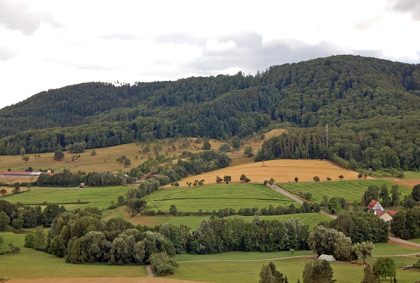 Photo showing: Bromberg-Panorama über dem Kirbachtal: links die Bromberger Höfe, darüber der Geißbühl und der Sporn des Burgstalls, rechts die Bromberger Mühle (Blick von Norden, von den Weinbergen über Spielberg)