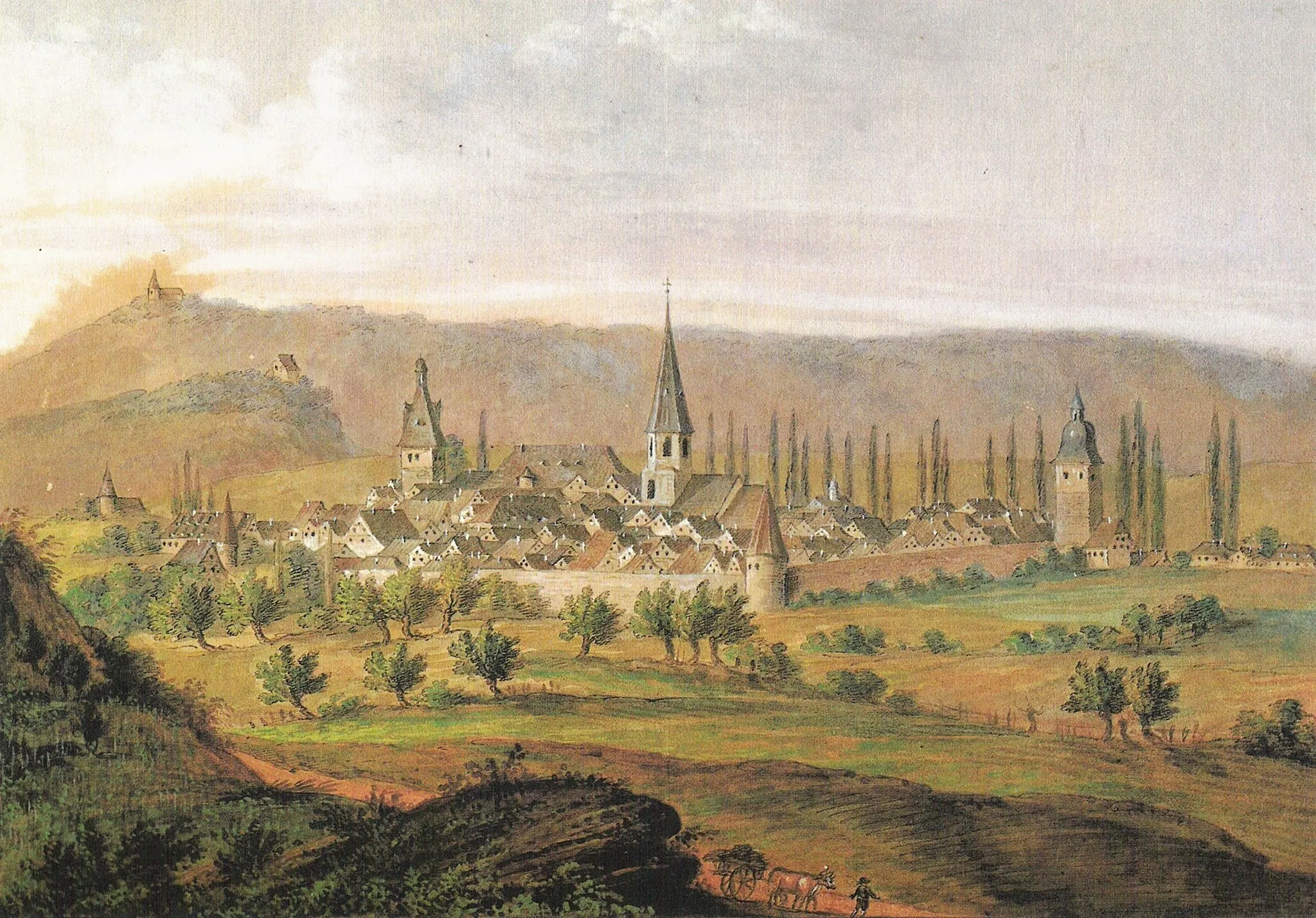 Photo showing: „Brackenheim von Nordosten mit Blick über die Johanniskirche und Schloß Magenheim zum Michaelsberg“. watercolor over pen.