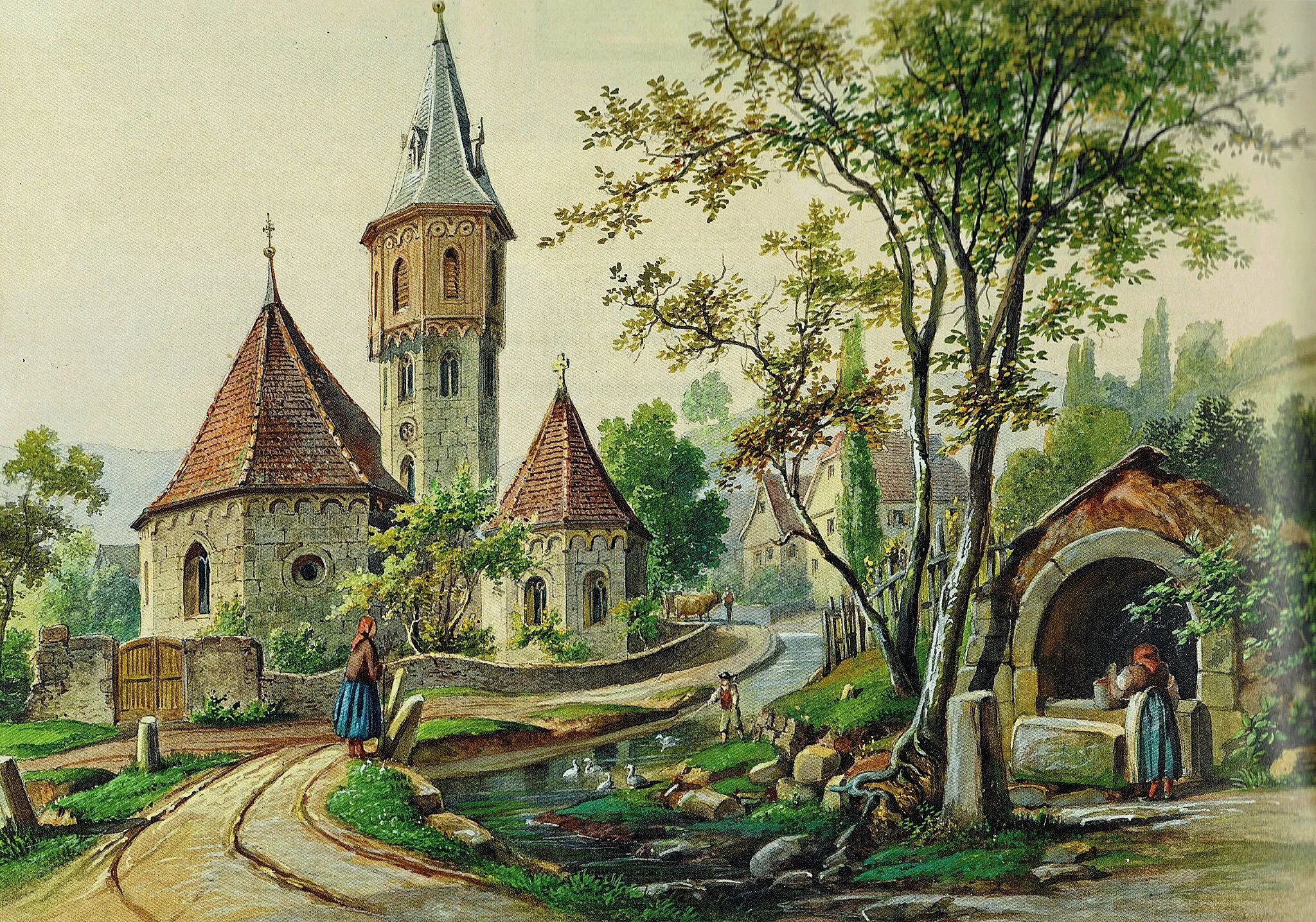 Photo showing: Achatiuskapelle in Grünsfeldhausen. Aquarell