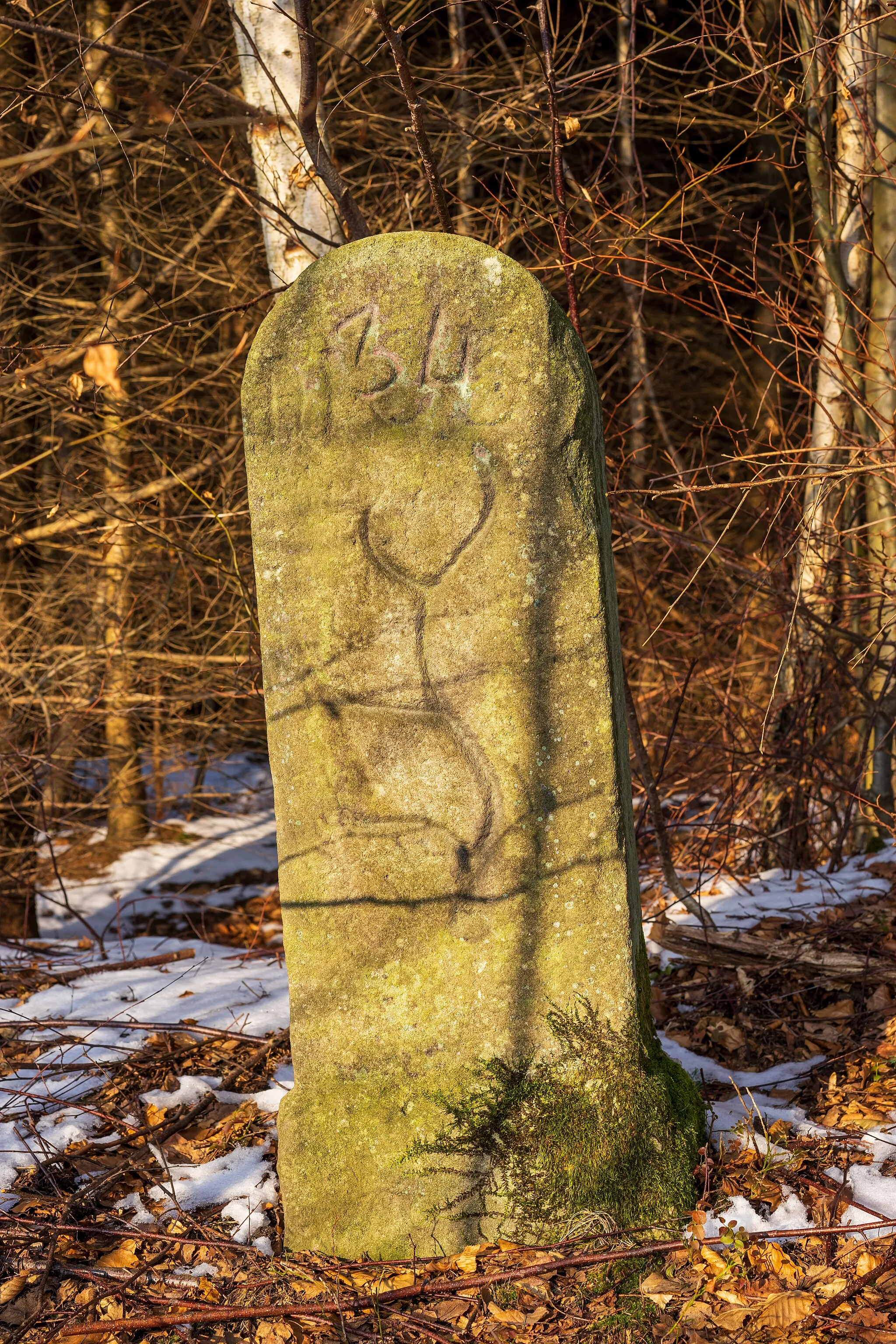Photo showing: Beilstein, Württemberg, Germany: very old boundary stone northwest of the hamlet Stocksberg at the edge of the forest at the K 2098. (More exactly, the stone is located ca. 2 m from the edge inside of the forest; therefore you can see it only in the winter.) The stone marks the border between Beilstein or (formerly) Württemberg (therefore the southwest side which is depicted here shows an antler) and Löwenstein (therefore the other side shows a lion).