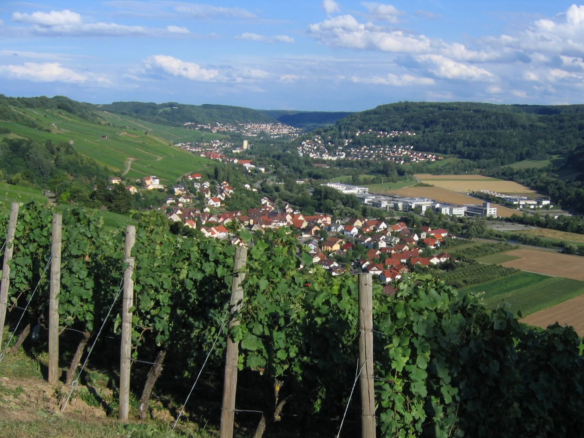 Photo showing: Blick vom Criesbacher Sattel aufs Kochertal flußaufwärts mit den Ortschaften Criesbach, Ingelfingen, Nagelsberg und Künzelsau.
