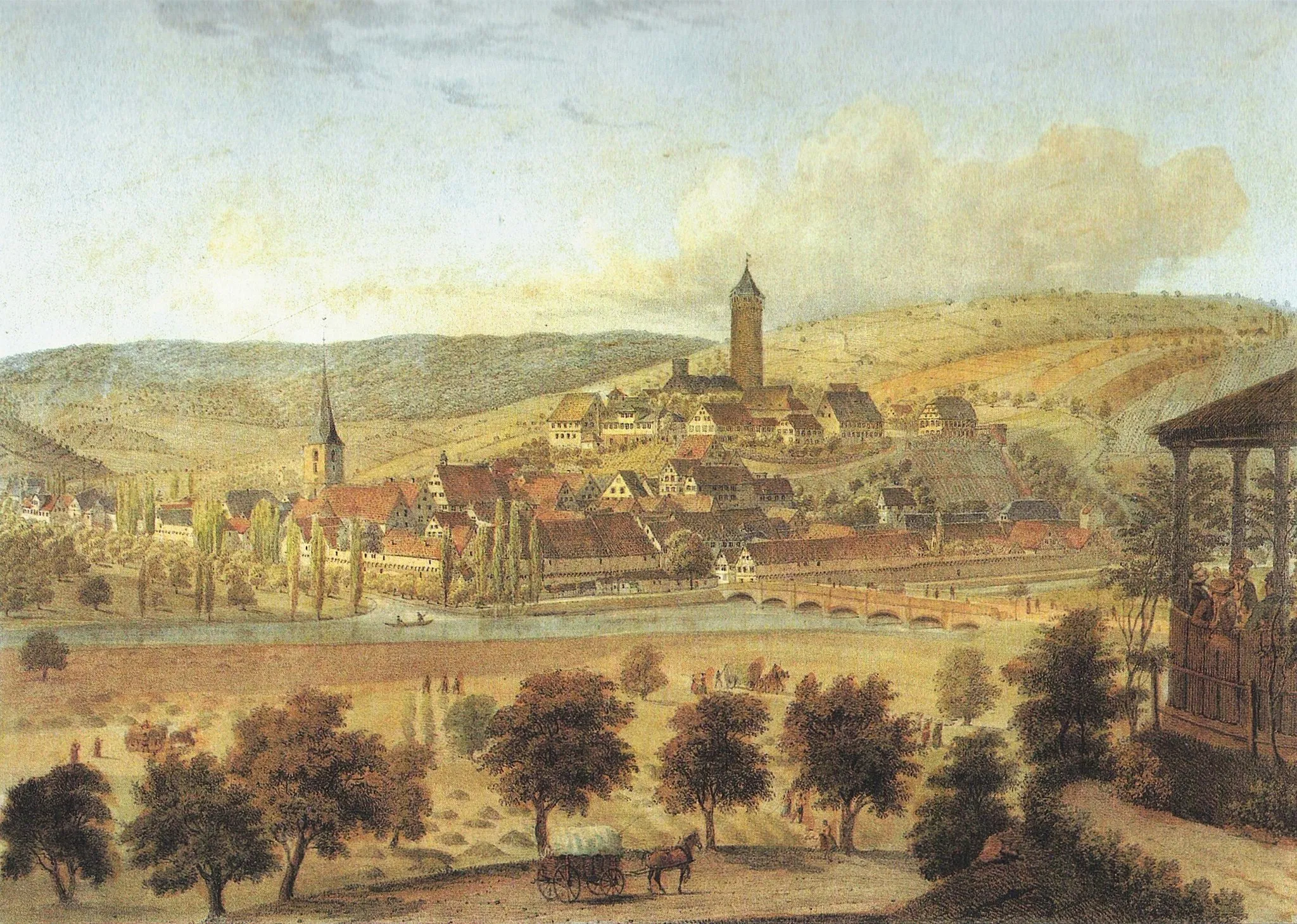 Photo showing: „Möckmühl von Süden“, Kolorierte Lithographie,