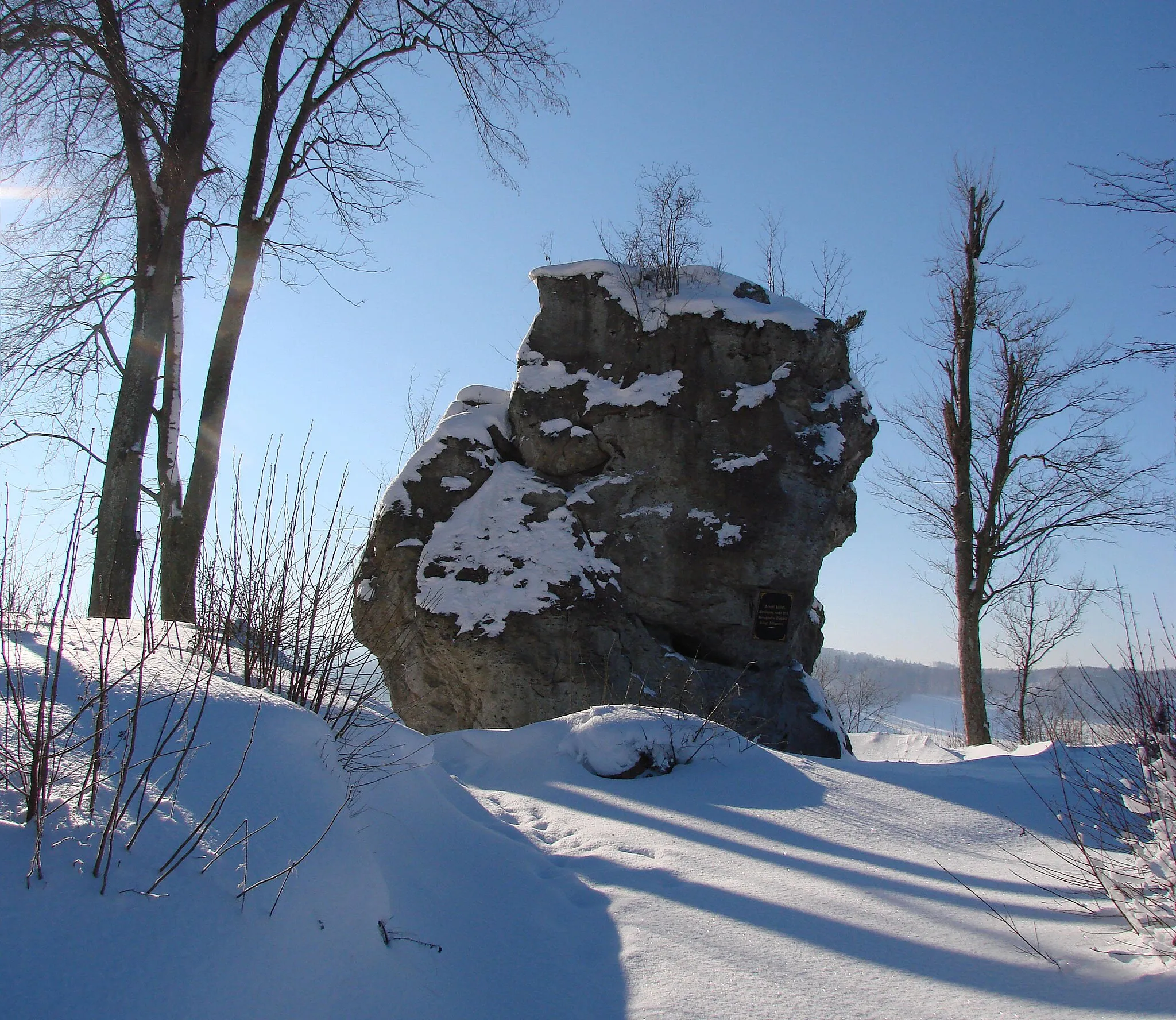 Photo showing: ist ein 6m hoher Sprudelkalkfelsen auf dem Gipfel des Steinhirts, umgeben von Linden, auch "Wäldlesfels" genannt (FND 81350320012).
Er ist der Rest von Kalkalgenriffen auf dem Steinhirt, die Mitte des 19. Jh. zur Schottergewinnung für den Eisenbahnbau im Brenztal zerstört wurden. Ludwig Schäffer (1828-1916), Verwaltungsbeamter im Rathaus Steinheim, hat durch sein Engagement verhindert, dass alle Felsen gesprengt wurden.