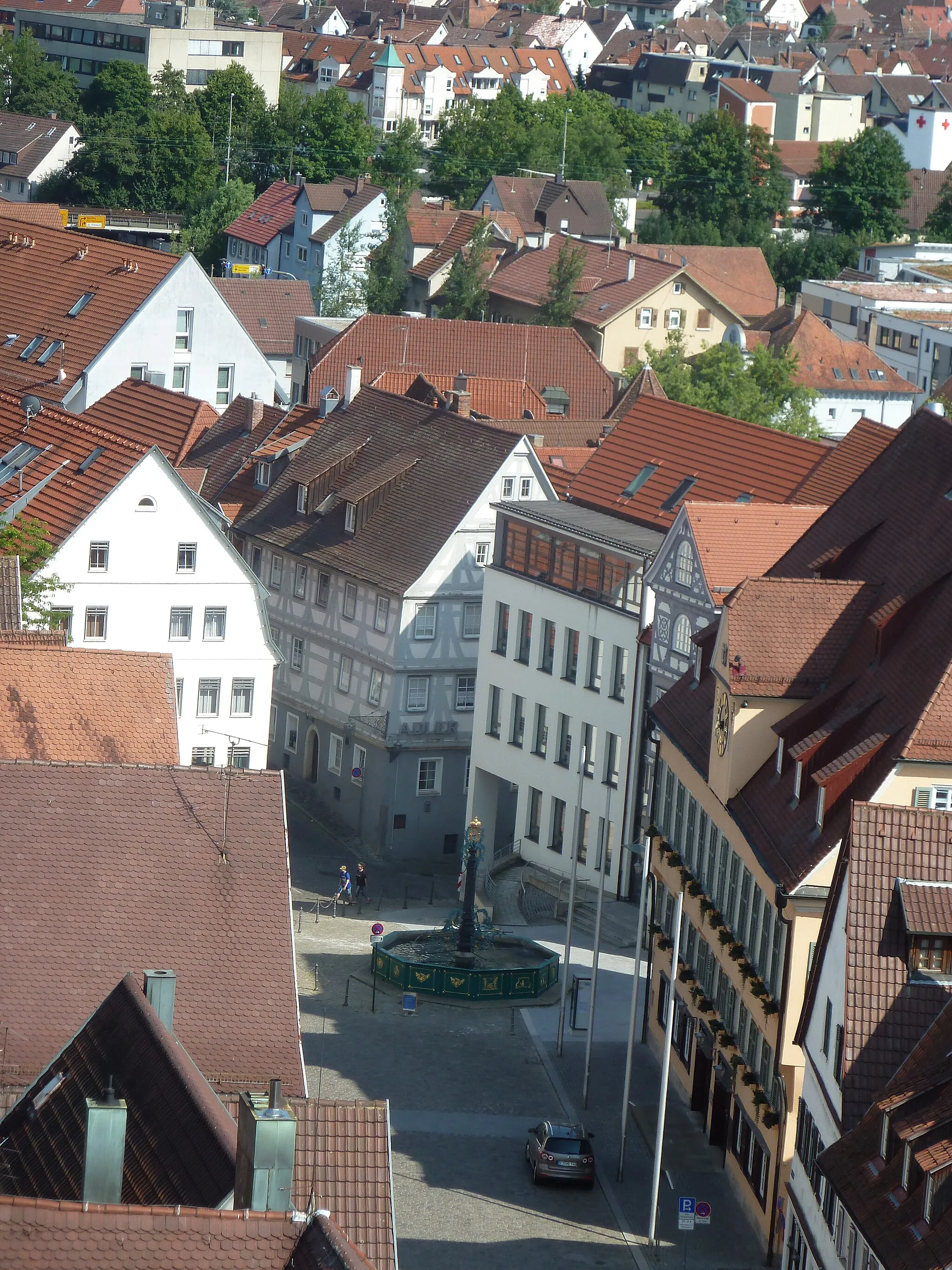 Photo showing: Aerial view from church tower to city centre, Nuertingen, Germany