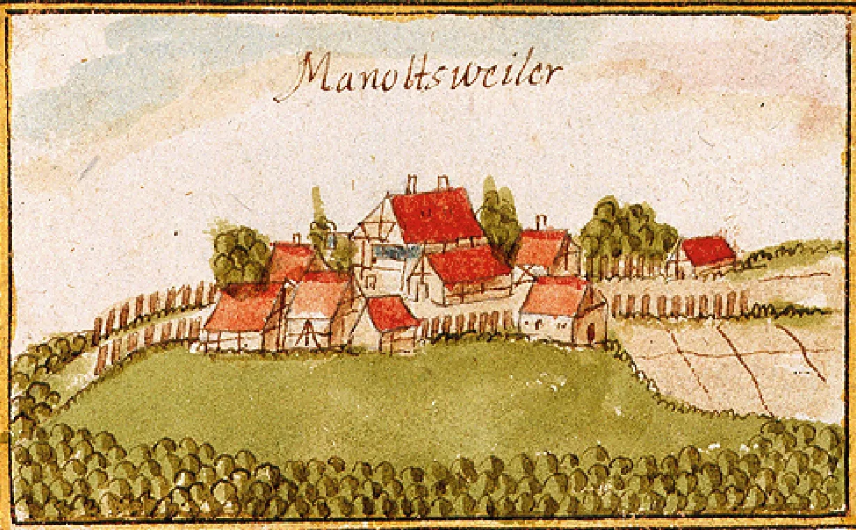 Photo showing: Manolzweiler, drawing from Andreas Kieser's Forstlagerbuch, 1685