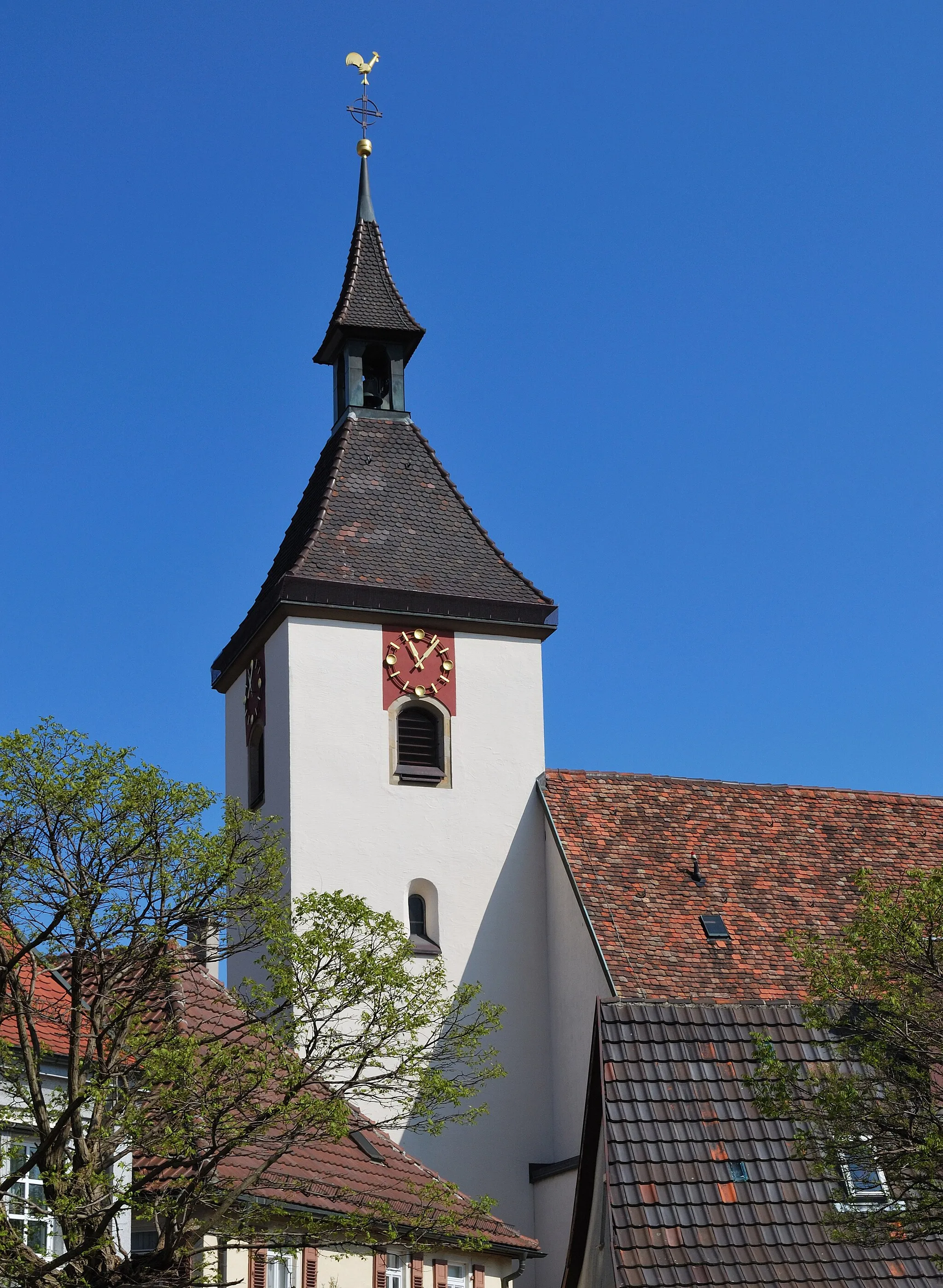Photo showing: Tower of the Johanneskirche in Münchingen in Southern Germany.