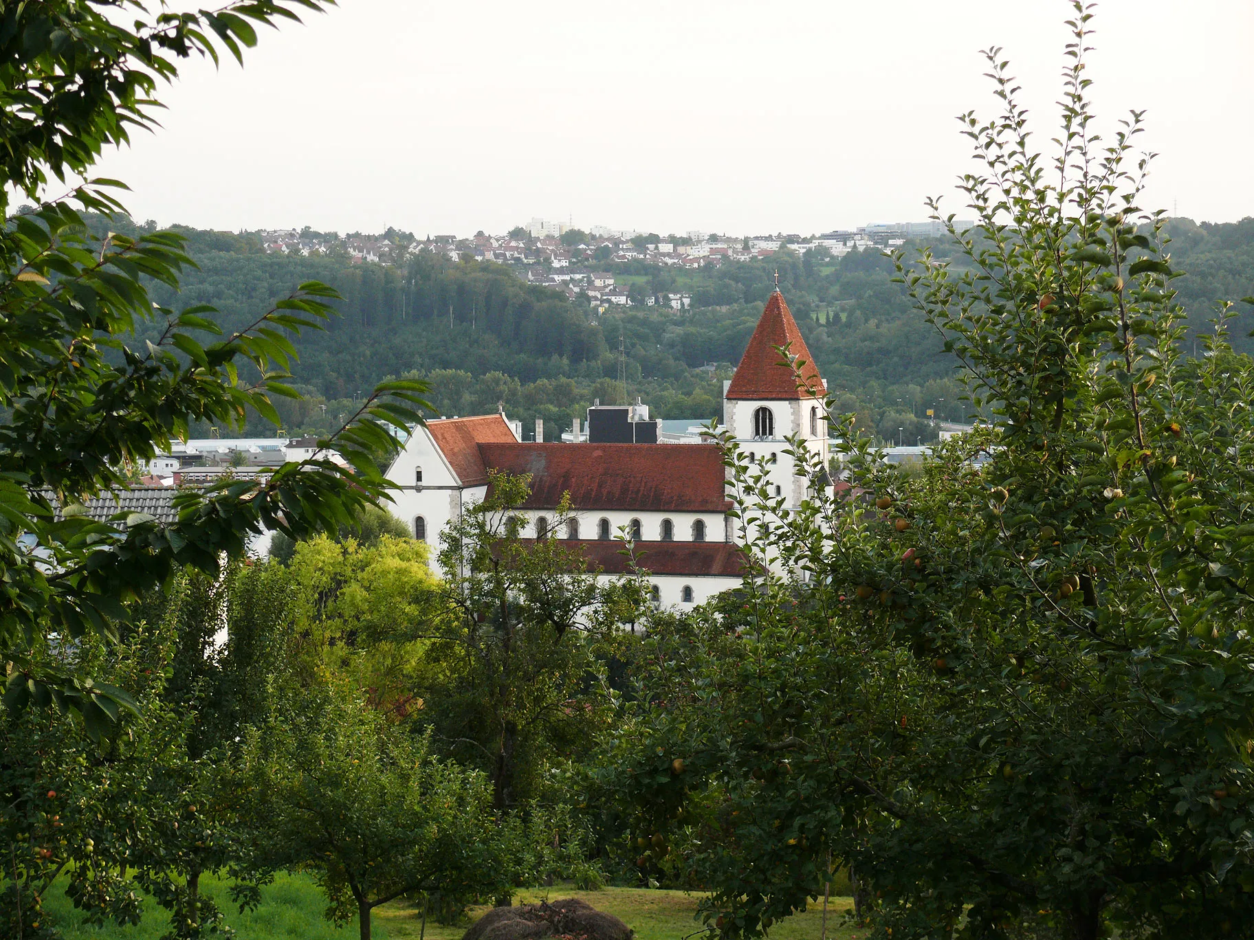 Photo showing: View of the Sankt Albertus Magnus church in Oberesslingen (a district of Esslingen am Neckar, Baden-Württemberg, Germany), seen from the hills in the north side. The church was built in the years 1947 to 1950. In the background, you see the Berkheim district of Esslingen.