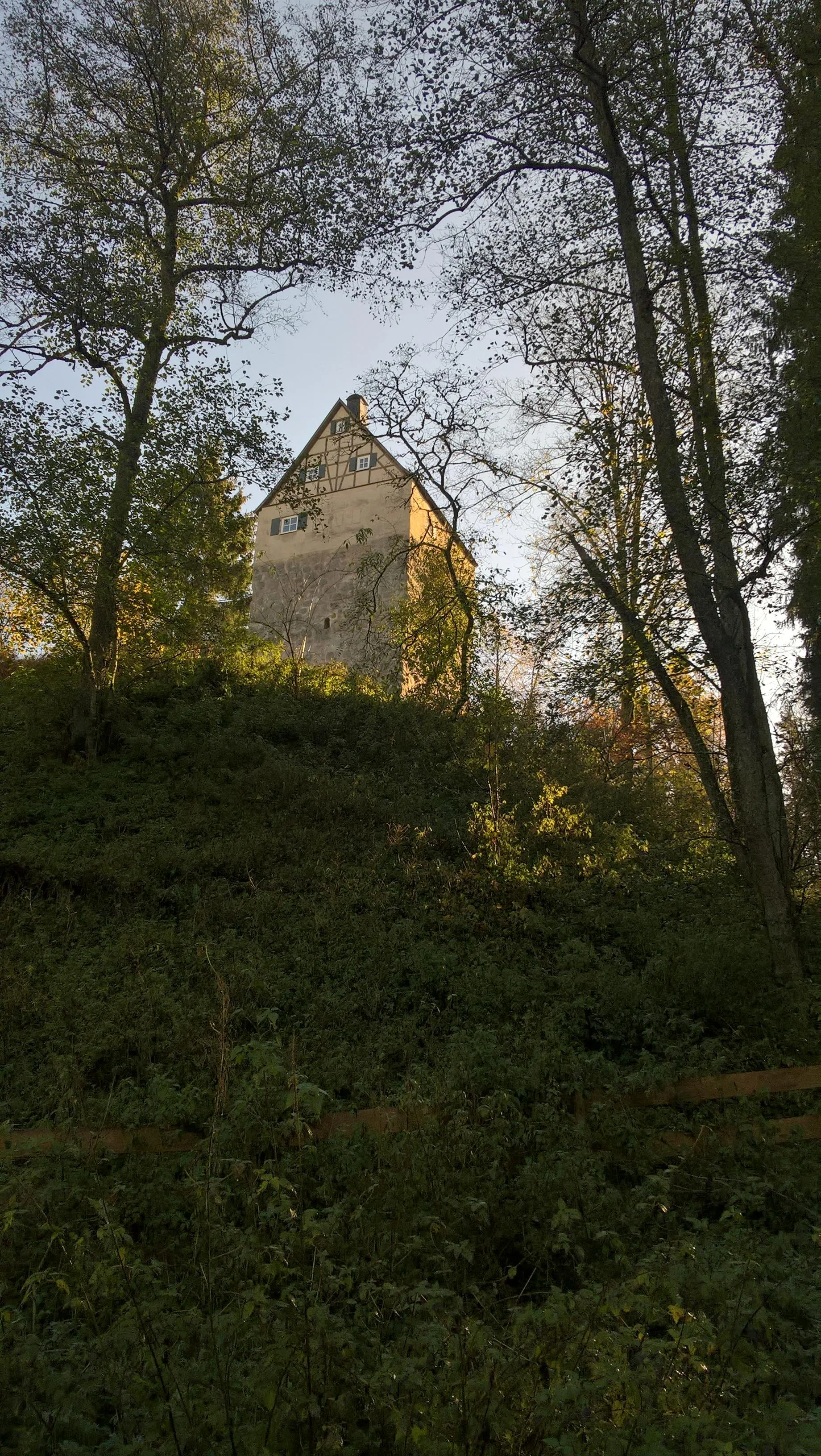 Photo showing: Staufische Turmhügelburg mit später aufgesetztem Fachwerkaufsatz. Heute Privatbesitz.