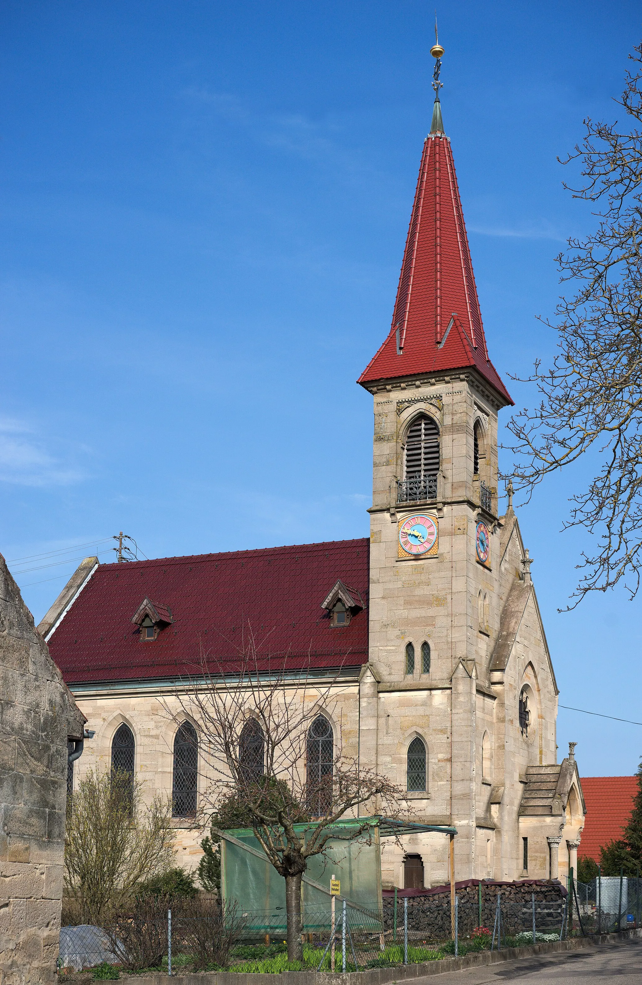 Photo showing: View of the protestant church in Prevorst (a suburb of Oberstenfeld, Germany), built in 1905, from westsouthwest.