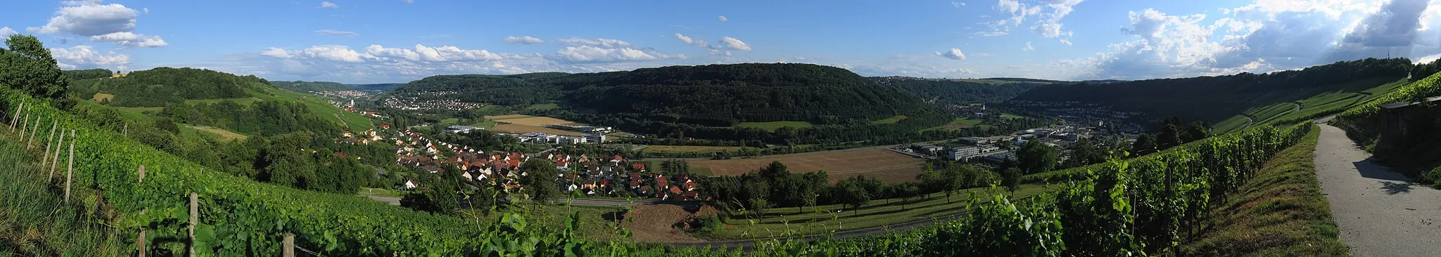 Photo showing: Panoramablick von nahe dem Criesbacher Sattel auf das Kochertal.