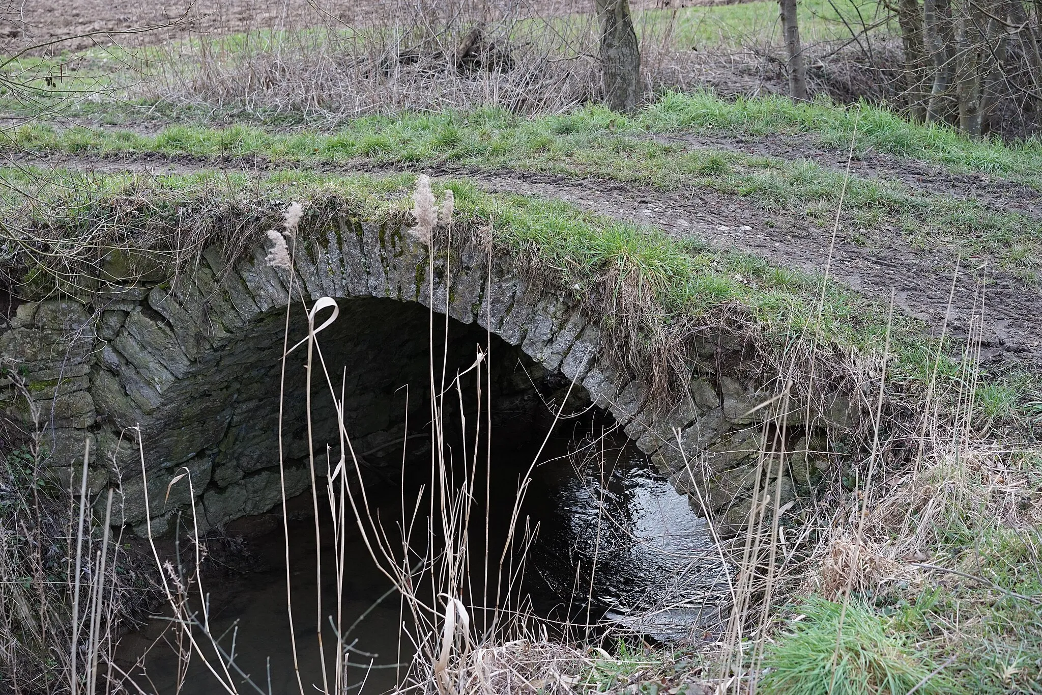 Photo showing: Very old stone arch bridge via the stream Wollenbach between Wollenberg (a suburb of Bad Rappenau, Germany) and Bargen.