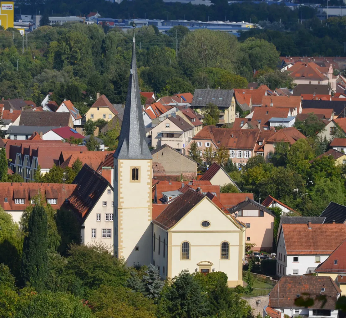 Photo showing: Protestant Church in Mosbach-Neckarelz seens from the Karlsberg