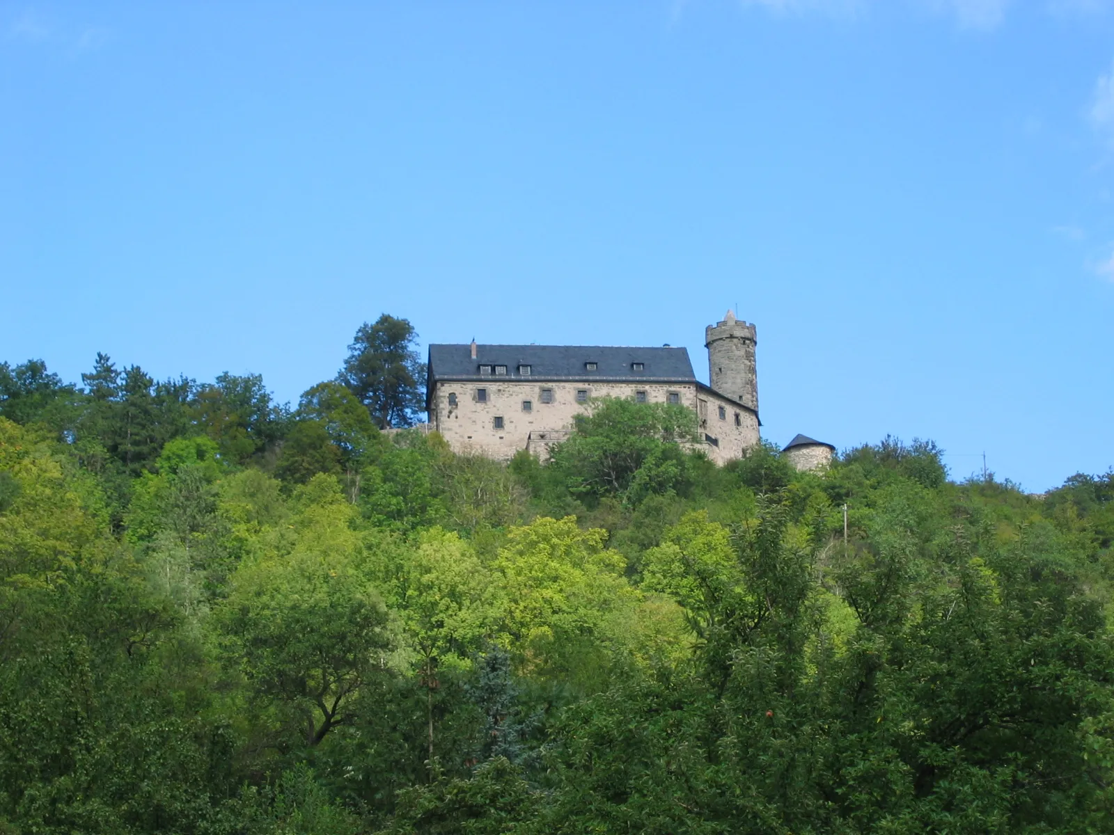 Photo showing: Burgruine Greifenstein (Thüringen), Außenansicht, aufgenommen aus Tal Richtung Nord-Ost. Frontaler Blick auf Palas, rechts der rekonstruierte Bergfried.