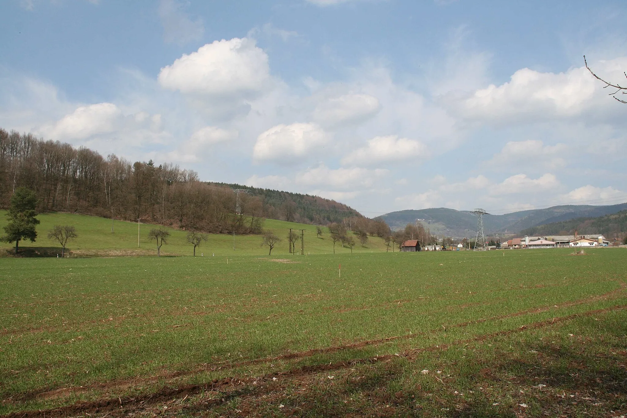 Photo showing: Das Grümpental, im Hintergrund der Ort Grümpen, vor dem Bau der Bogenbrücke der neuen Eisenbahnstrecke Erfurt–Nürnberg