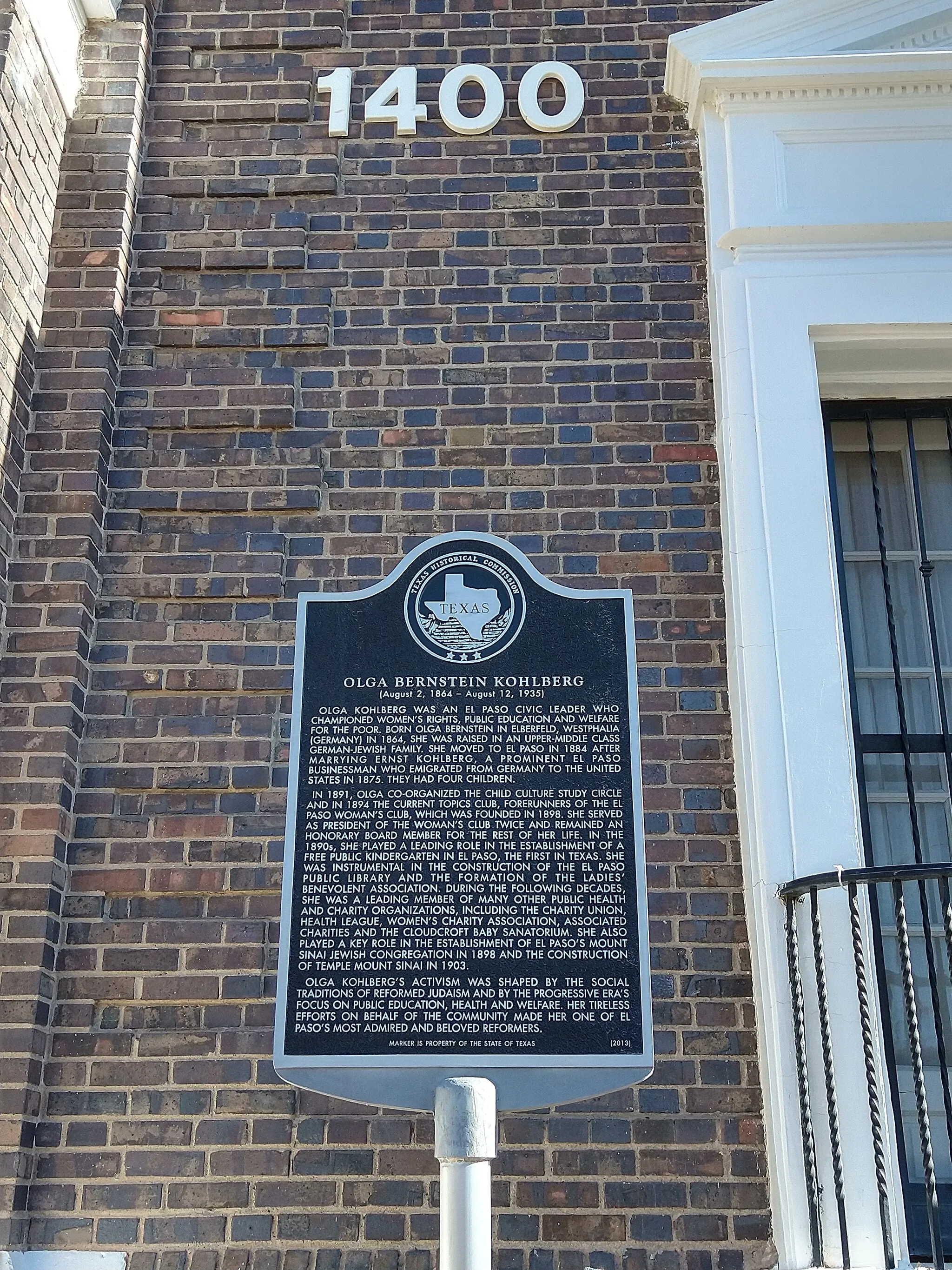 Photo showing: Olga Kohlberg sign outside the Woman's Club of El Paso