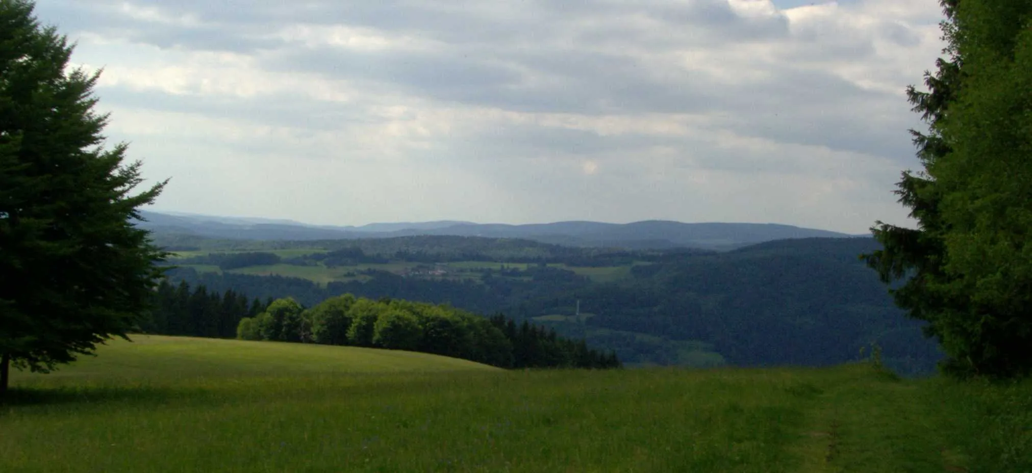 Photo showing: Blick vom Simmersberg (781 m) auf den Pleß (645 m, links der Mitte, 52 km entfernt) im Nordosten der Vorderen Rhön und den 14 km entfernten Adlersberg (849 m) mit Neuhäuser Hügel (891 m)