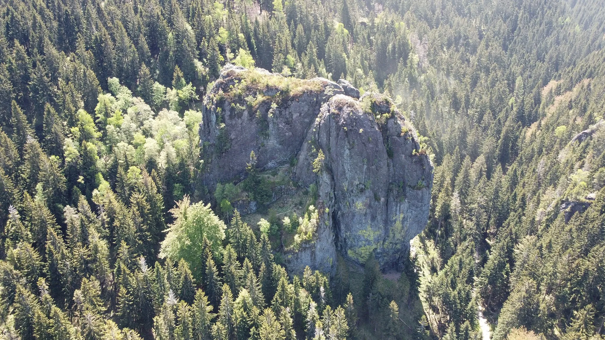 Photo showing: Falkenstein rock near Tambach-Dietharz / Germany, front view 2020 May, shot from a multicopter.