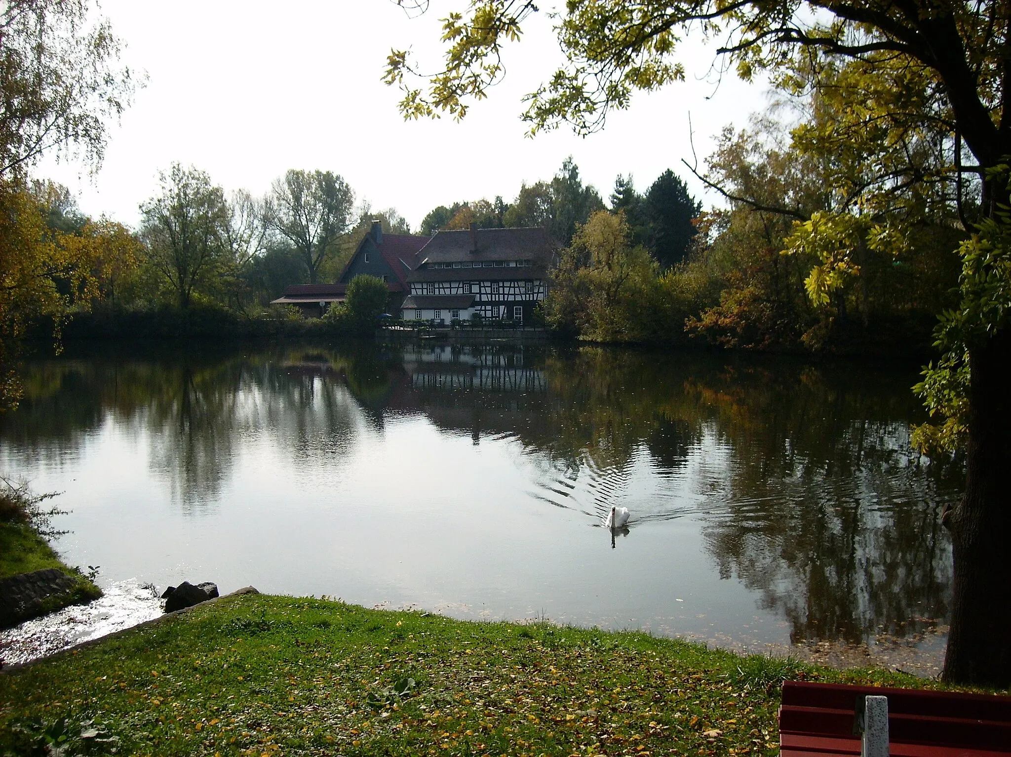Photo showing: Hering's Pond and old water-mill in Kostitz (Starkenberg, district of Altenburger Land, Thuringia)