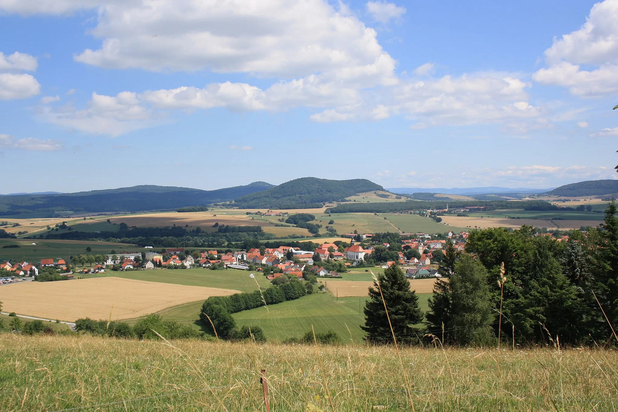 Photo showing: Thüringen, Biosphärenreservat Rhön, Blick vom Eppersberg über Dermbach zum Horn.
Im Hintergrund Salzunger Pleß (links) und Thüringer Wald