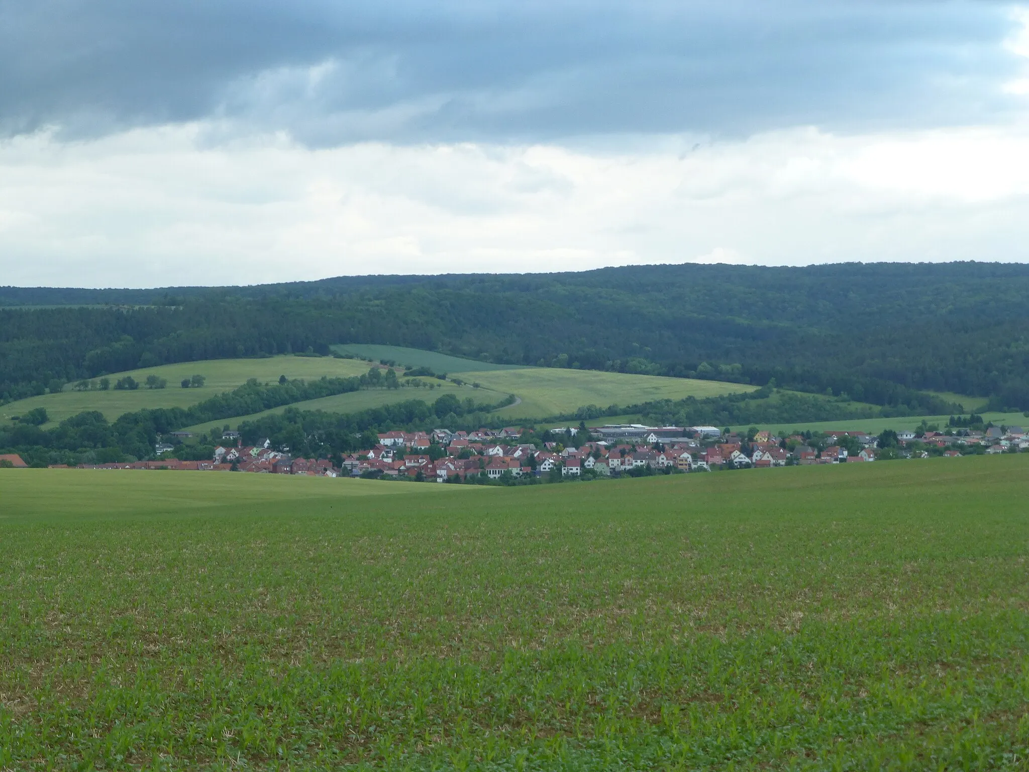 Photo showing: Blick vom Rand des Reitenberges an der L1016 südlich von Mihla nach Norden auf Mihla und die Wernershäuser Höhe