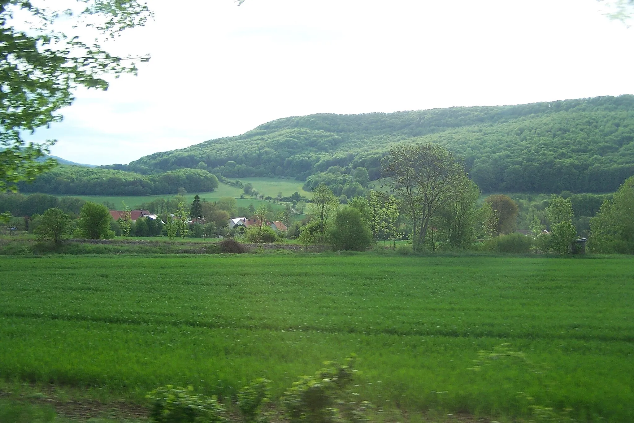 Photo showing: Der Neuberg mit dem Naturschutzgebiet Ibengarten (am bewaldeten Hang) und der Ortsteil Glattbach bei Dermbach in der Rhön.