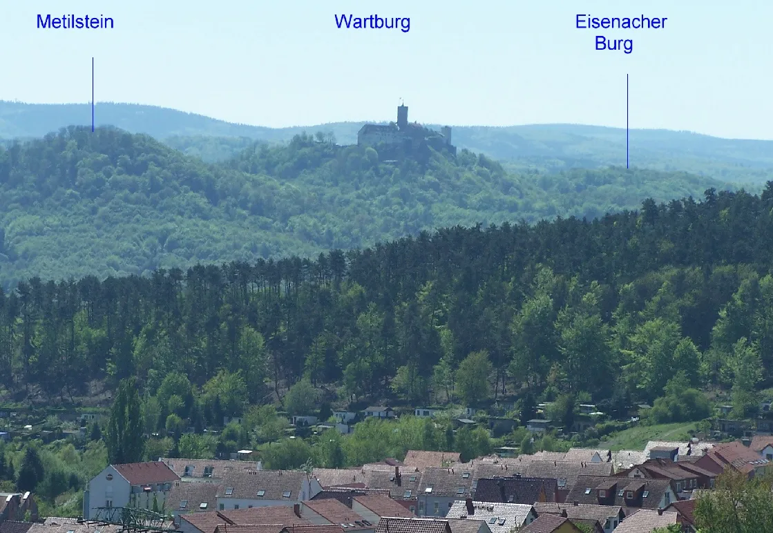 Photo showing: Eisenach, a panoramaview with Wartburg, Metilstein and Eisenacher Burg.