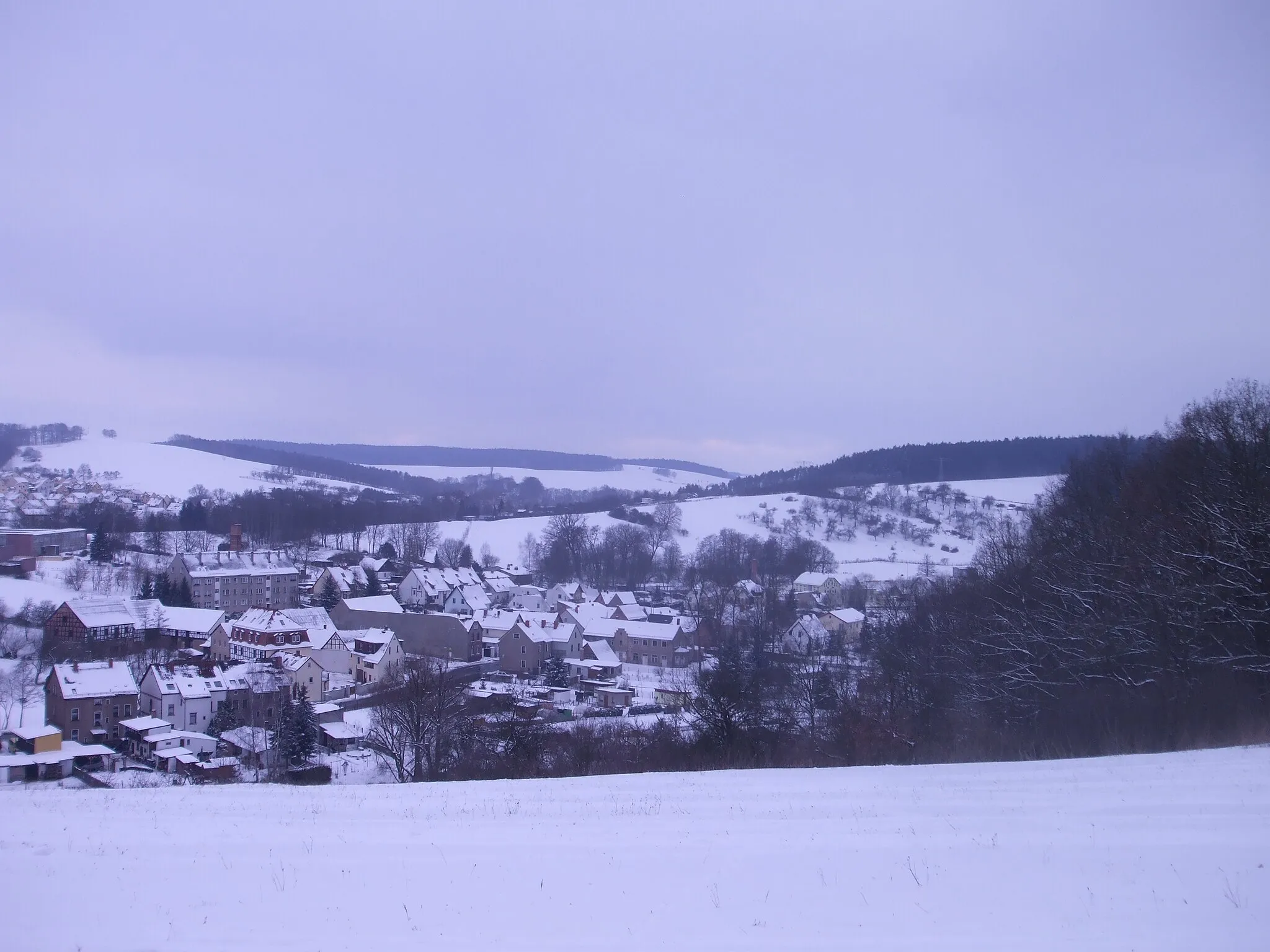 Photo showing: View from Ernseer Berg above Scheubengrobsdorf, Gera, Germany, in February 2010