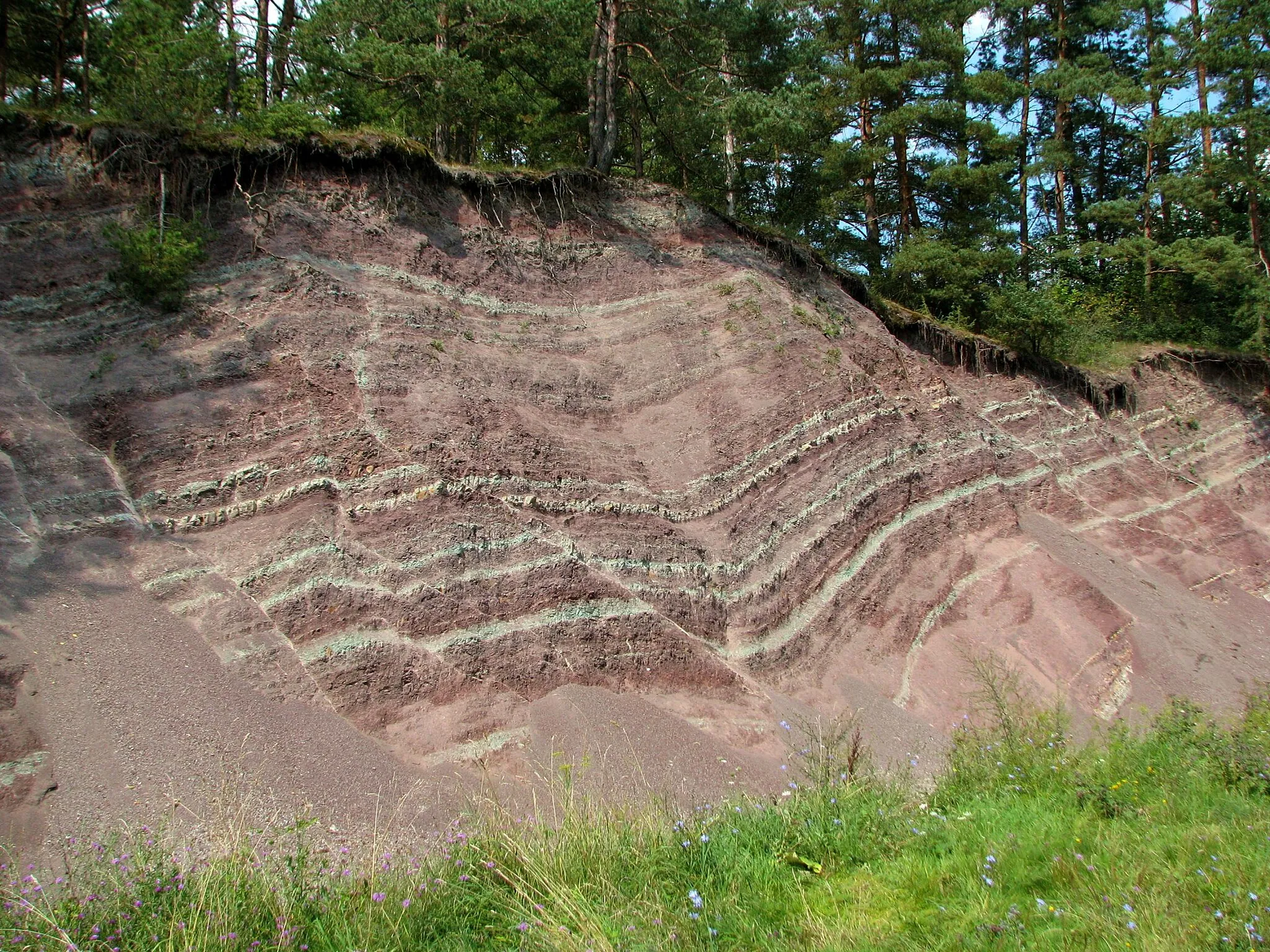 Photo showing: Aufschluss der Dolomitmergelkeuper-Folge südwestlich von Ütteroda.