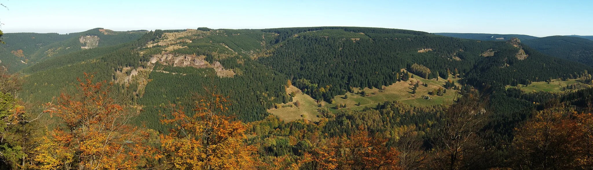 Photo showing: Blick vom Großen Hermannsberg auf den Hauptkamm des Thüringer Walds und in den Kanzlersgrund