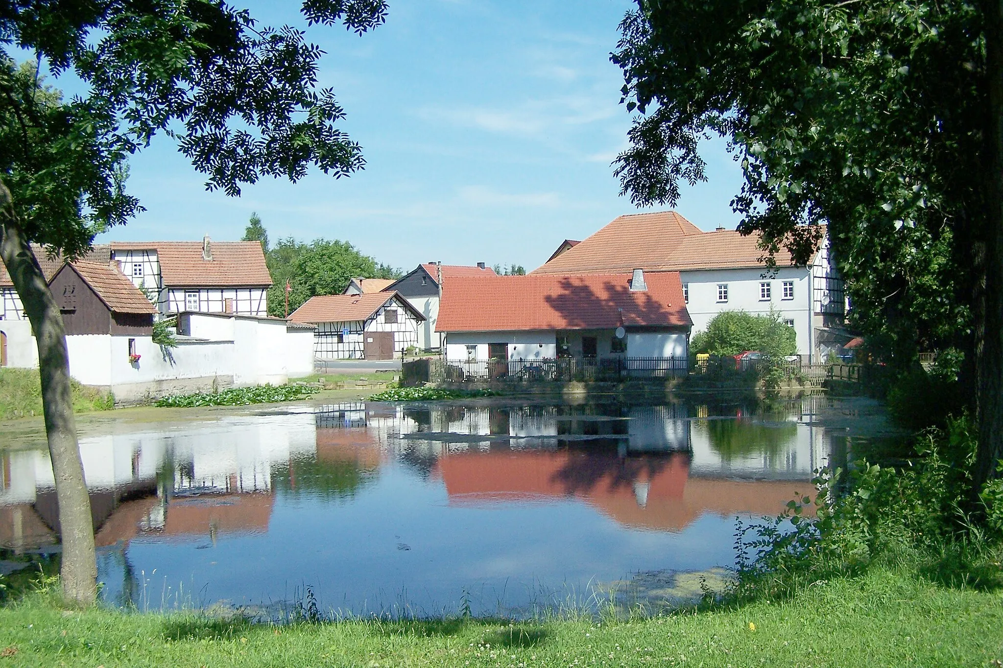 Photo showing: Dörfliche Idylle am Teich in Reichenbach (Hörselberg-Hainich).