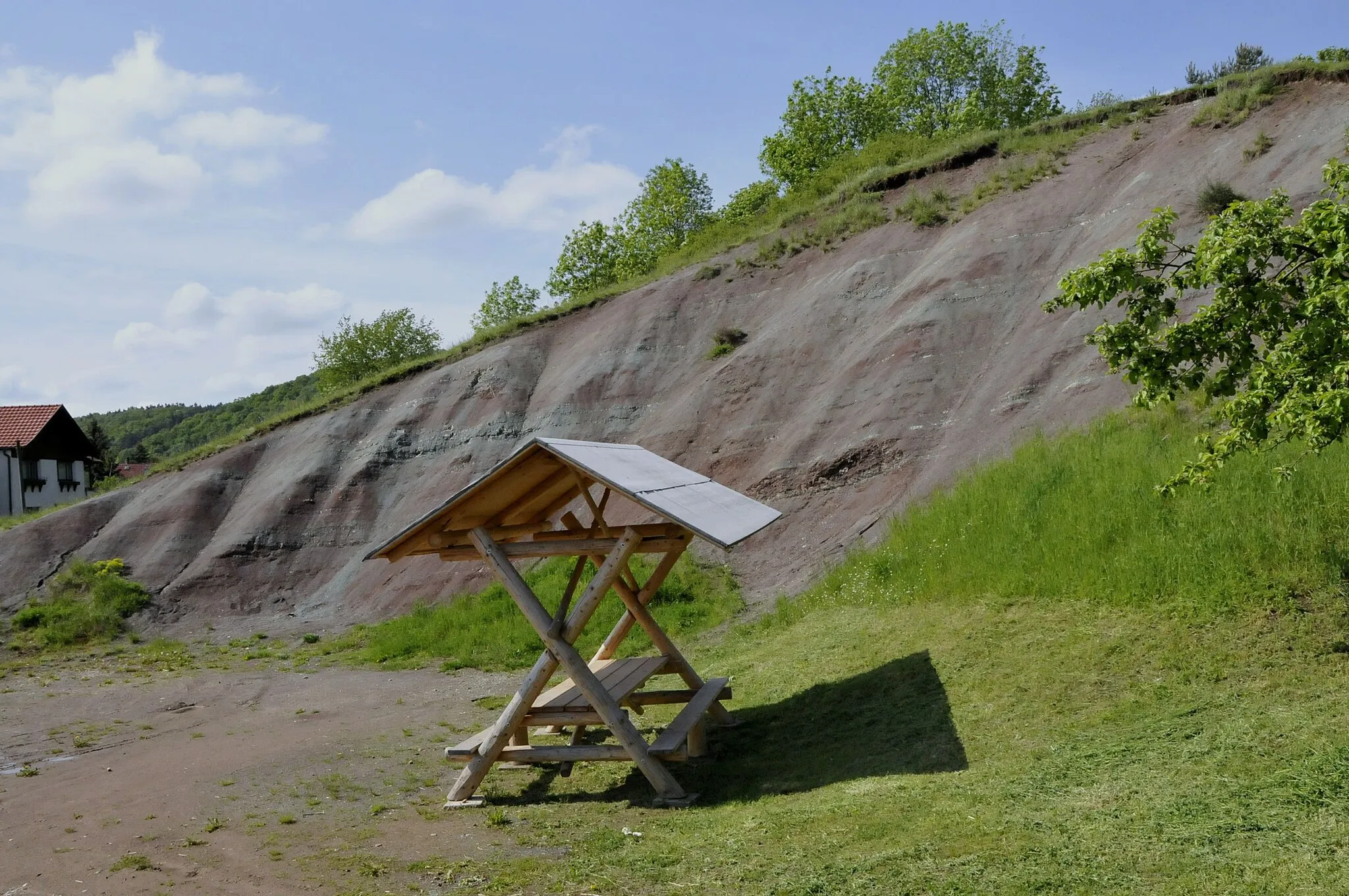 Photo showing: Die sogenannte "Bergbeule" (ein ehemaliger Steinbruch) zeigt geologische Aufschlüsse im Geotop "Nationaler GEO-Park Inselsberg-Drei Gleichen".