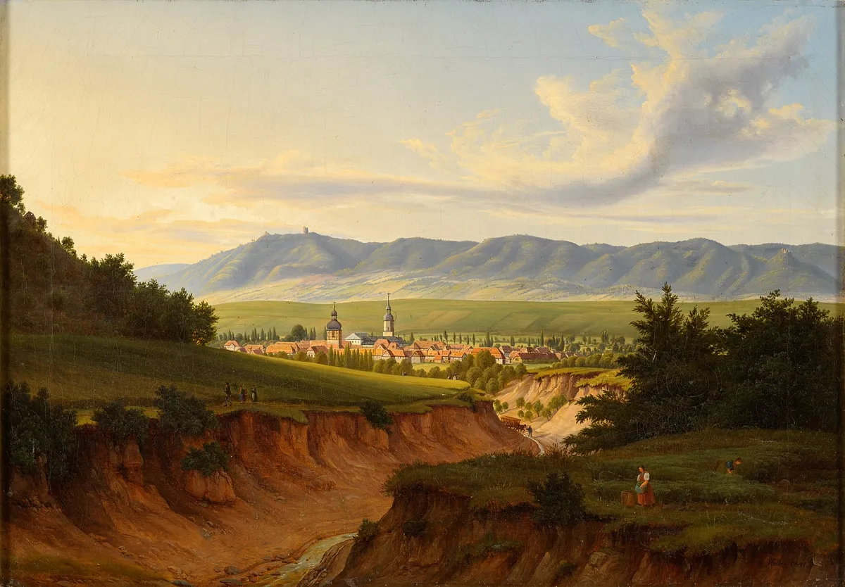 Photo showing: Ansicht von Roßla (am Harz). Signiert. Datiert 1841. Öl auf Leinwand, 44 x 64 cm