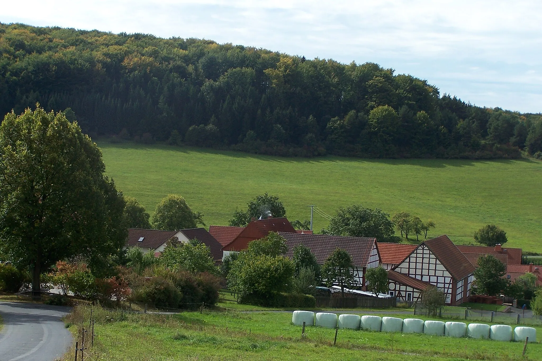 Photo showing: Blick non Nordosten über Deicheroda, im Hintergrund der Sattelsberg.