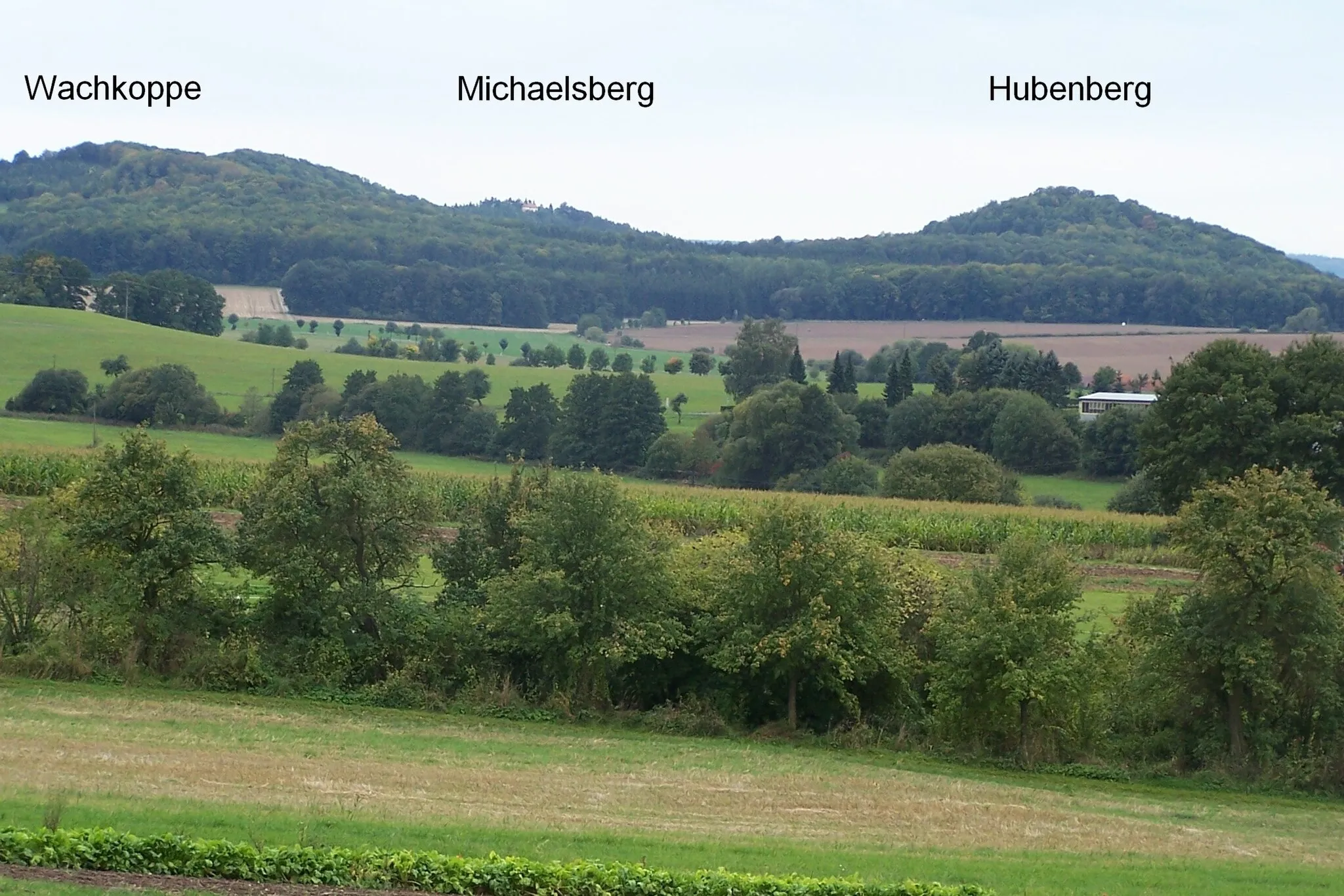 Photo showing: Die Berge Hubenberg, Michaelsberg und Wachkoppe bei Buttlar in der Rh�n.