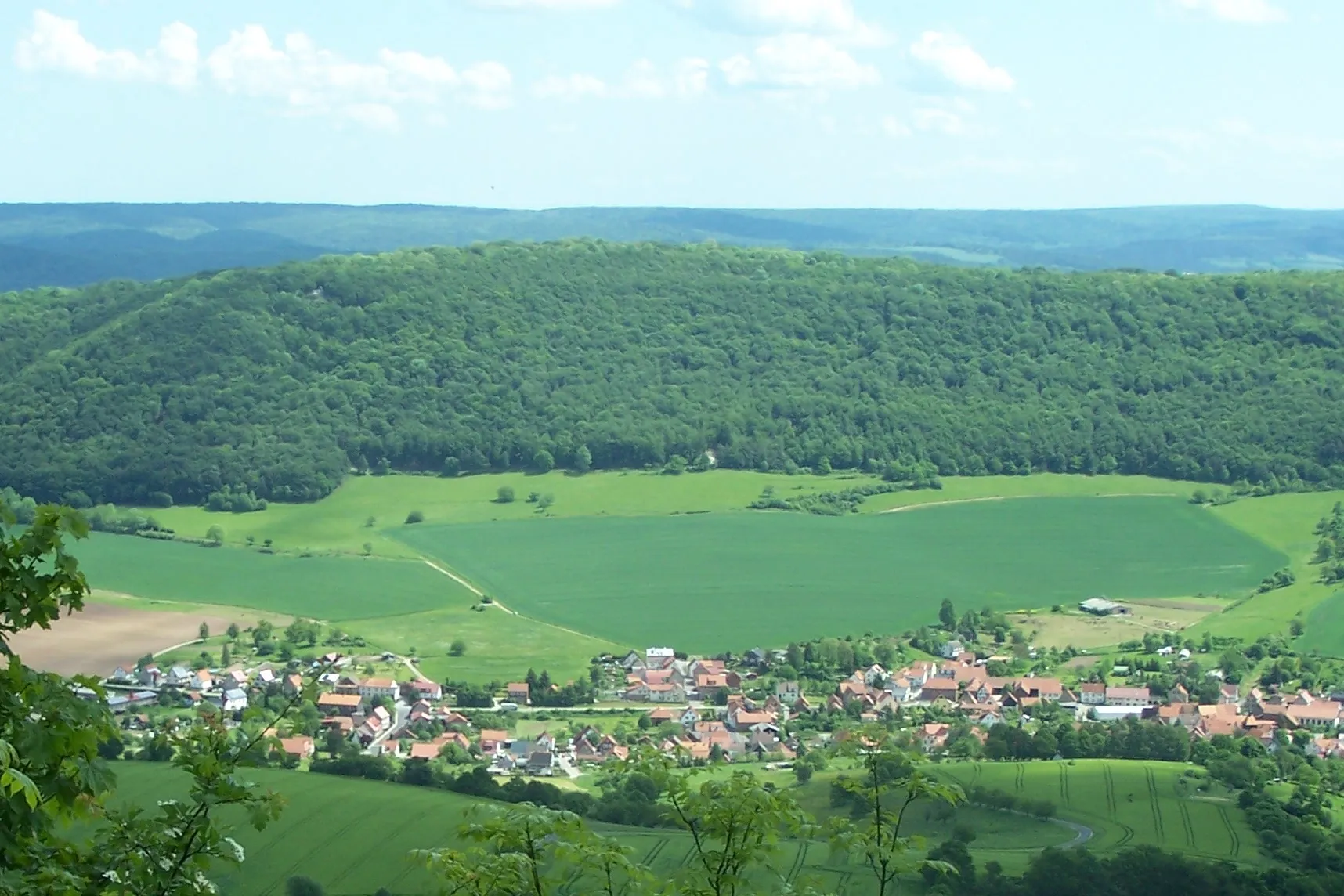Photo showing: Der zum Treffurter Stadtwald gehörige Breitenberg nimmt auch den östlichen Talrand bei Schnellmannshausen ein (im Hintergrund ist der Hainich zu sehen).