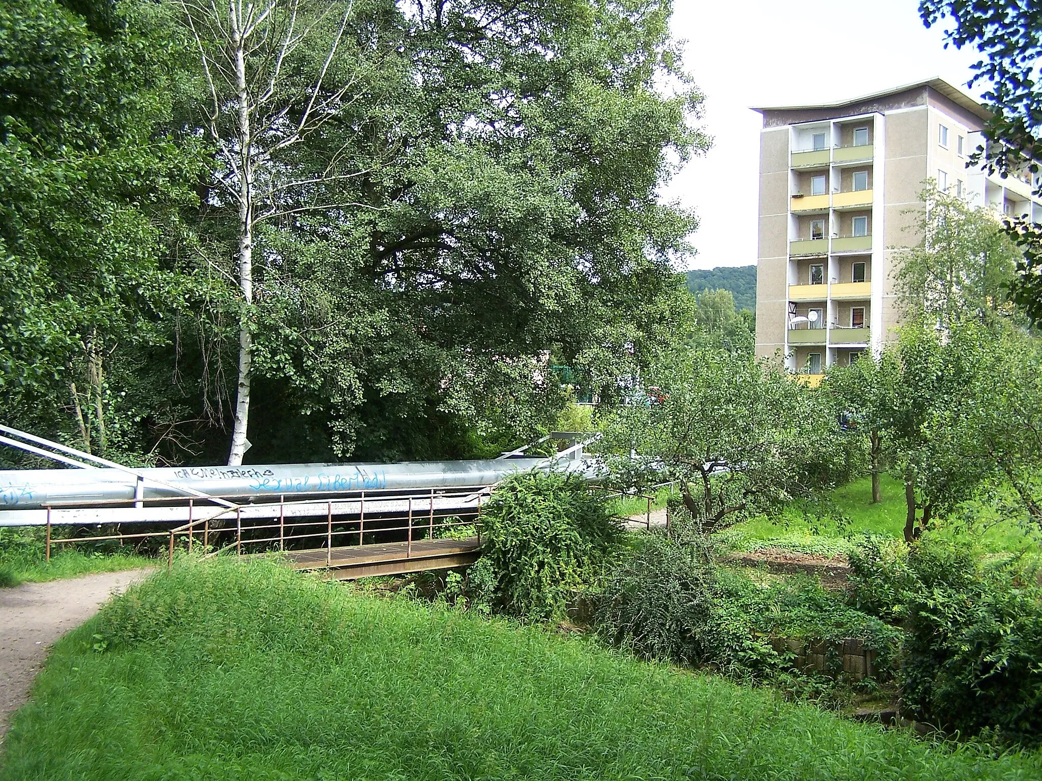 Photo showing: Fußgängerbrücke am östlichen Ende des Grenzweges in Schmalkalden über den Asbach, ermöglicht den Zugang zur Asbacher Straße.